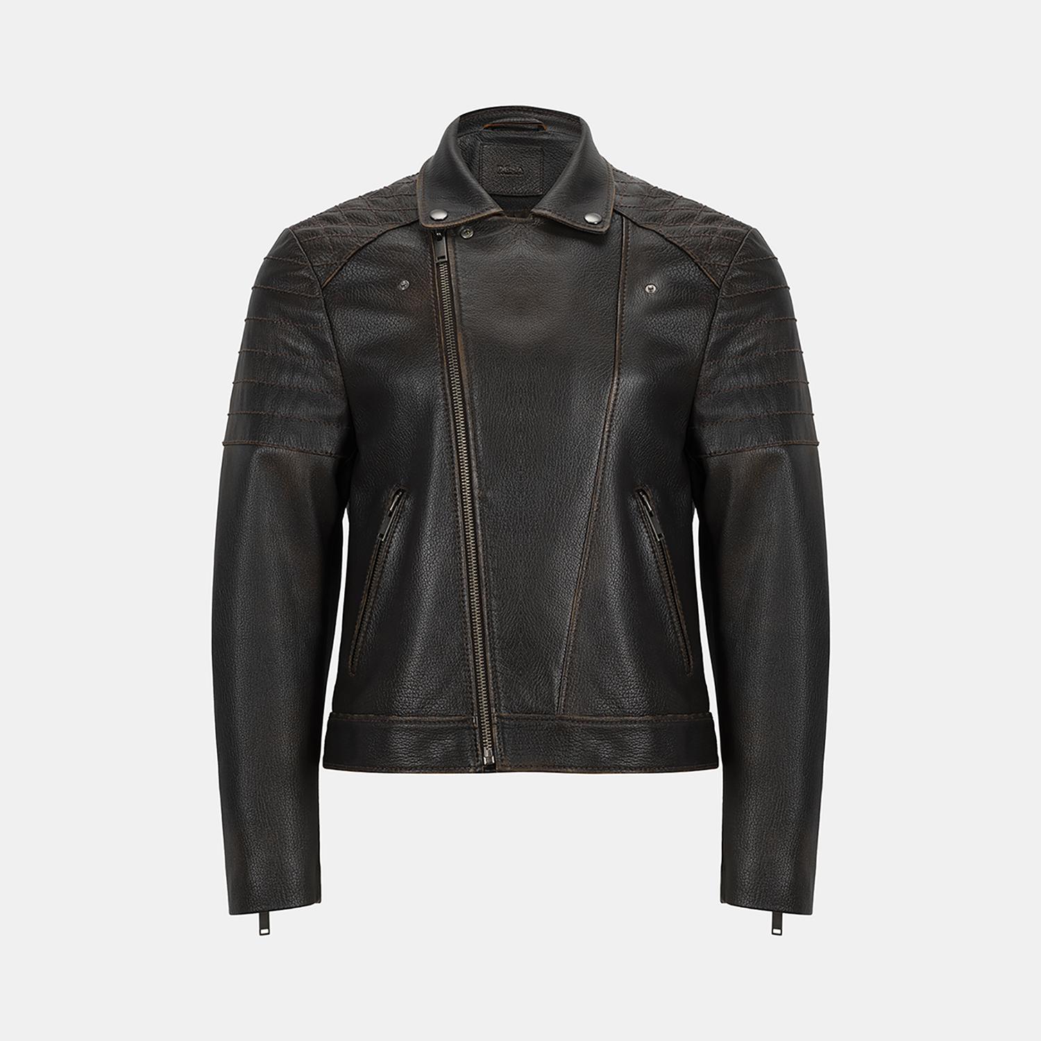 DESA Erkek Koyu Kahve Eskitme Vintage Deri Biker Ceket