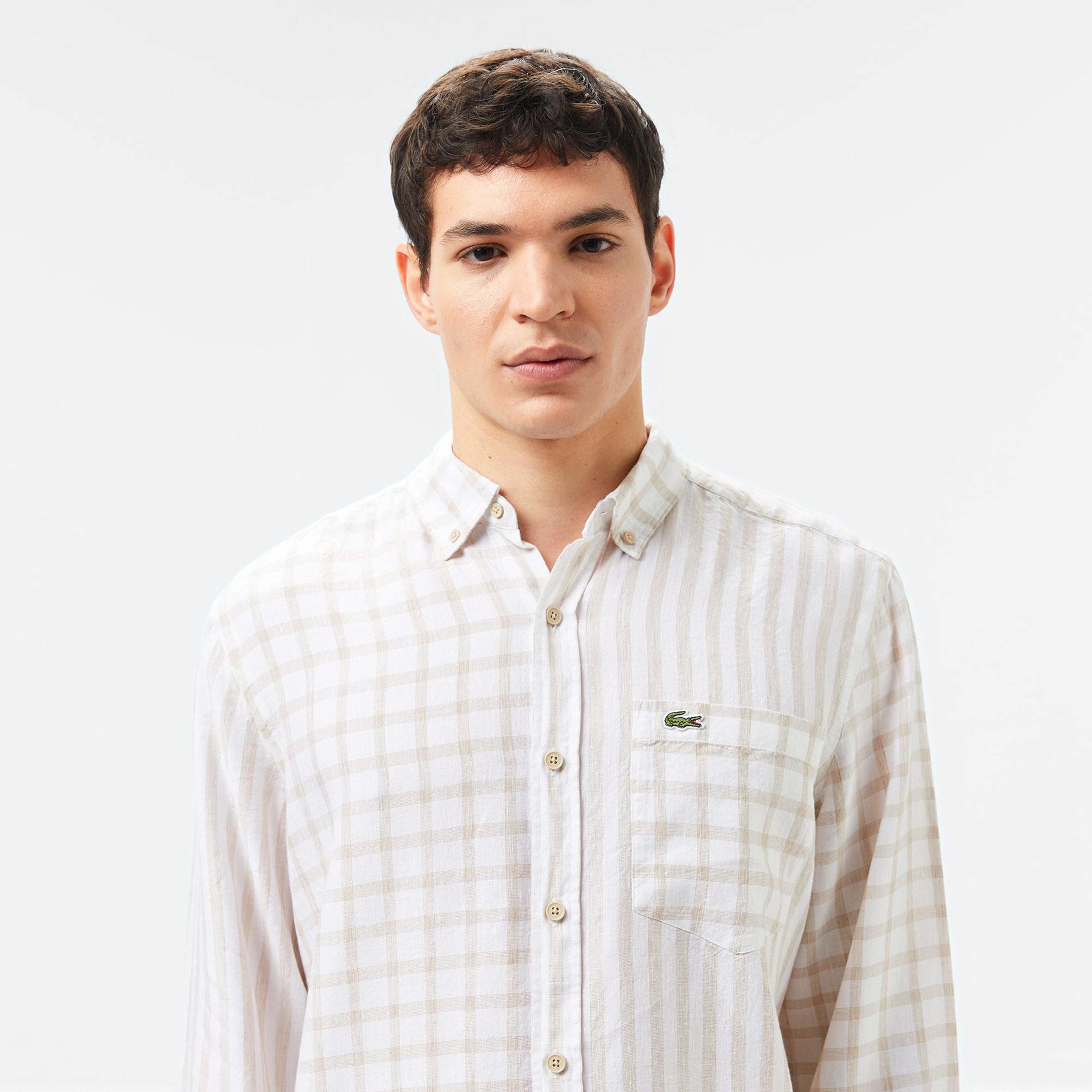Lacoste Erkek Regular Fit Düğmeli Yaka Ekose Keten Bej Gömlek