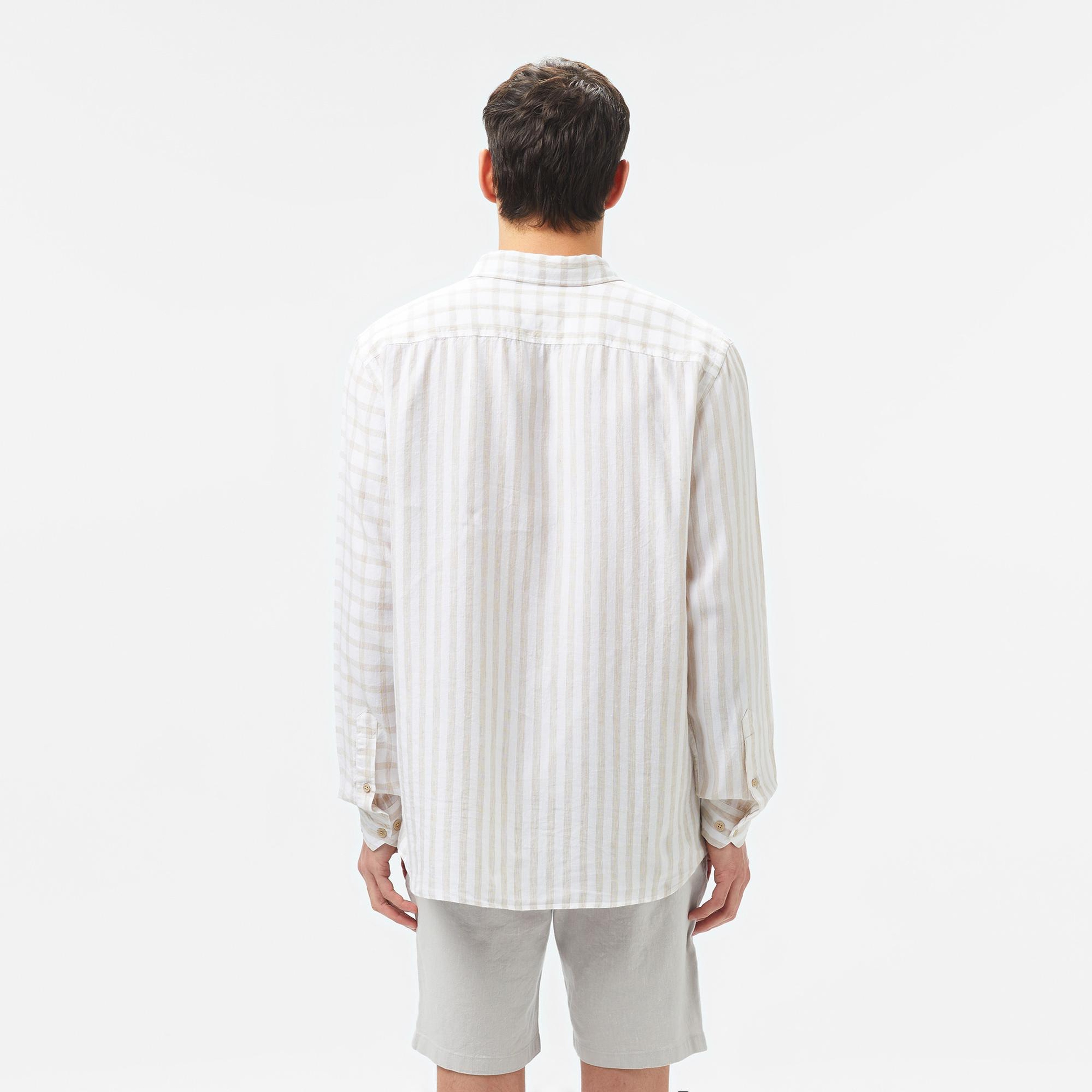 Lacoste Erkek Regular Fit Düğmeli Yaka Ekose Keten Bej Gömlek