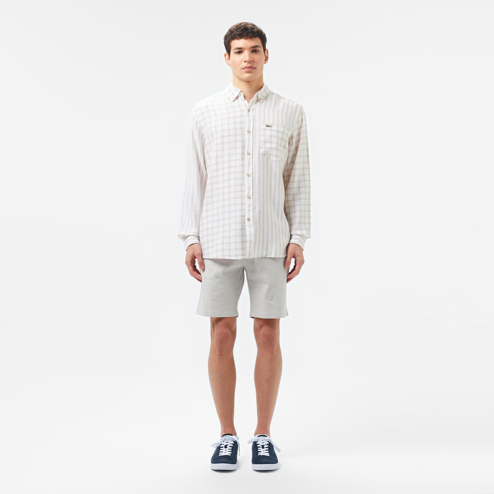 Lacoste Erkek Regular Fit Düğmeli Yaka Ekose Keten Bej Gömlek