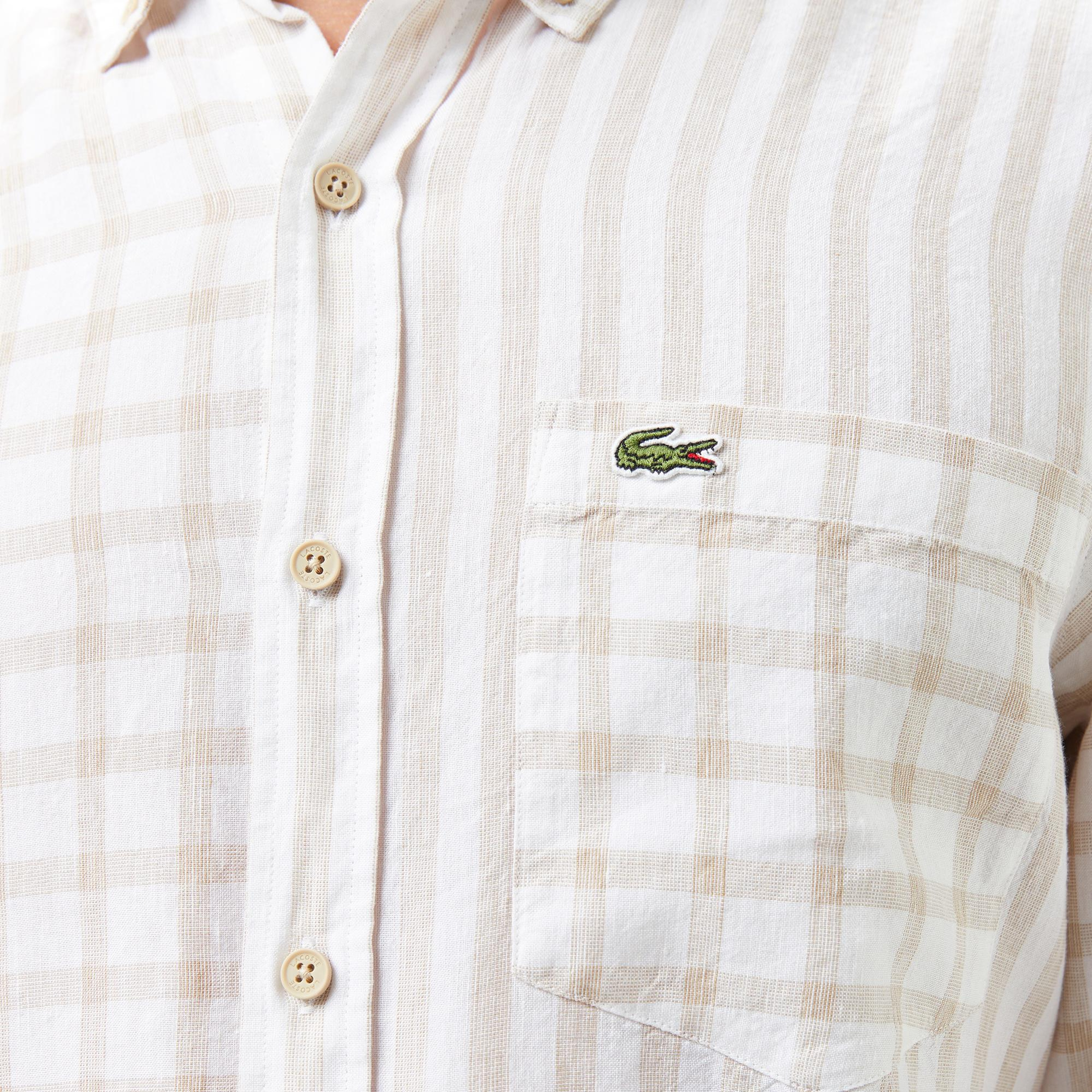 Lacoste Erkek Regular Fit Düğmeli Yaka Ekose Keten Bej Gömlek