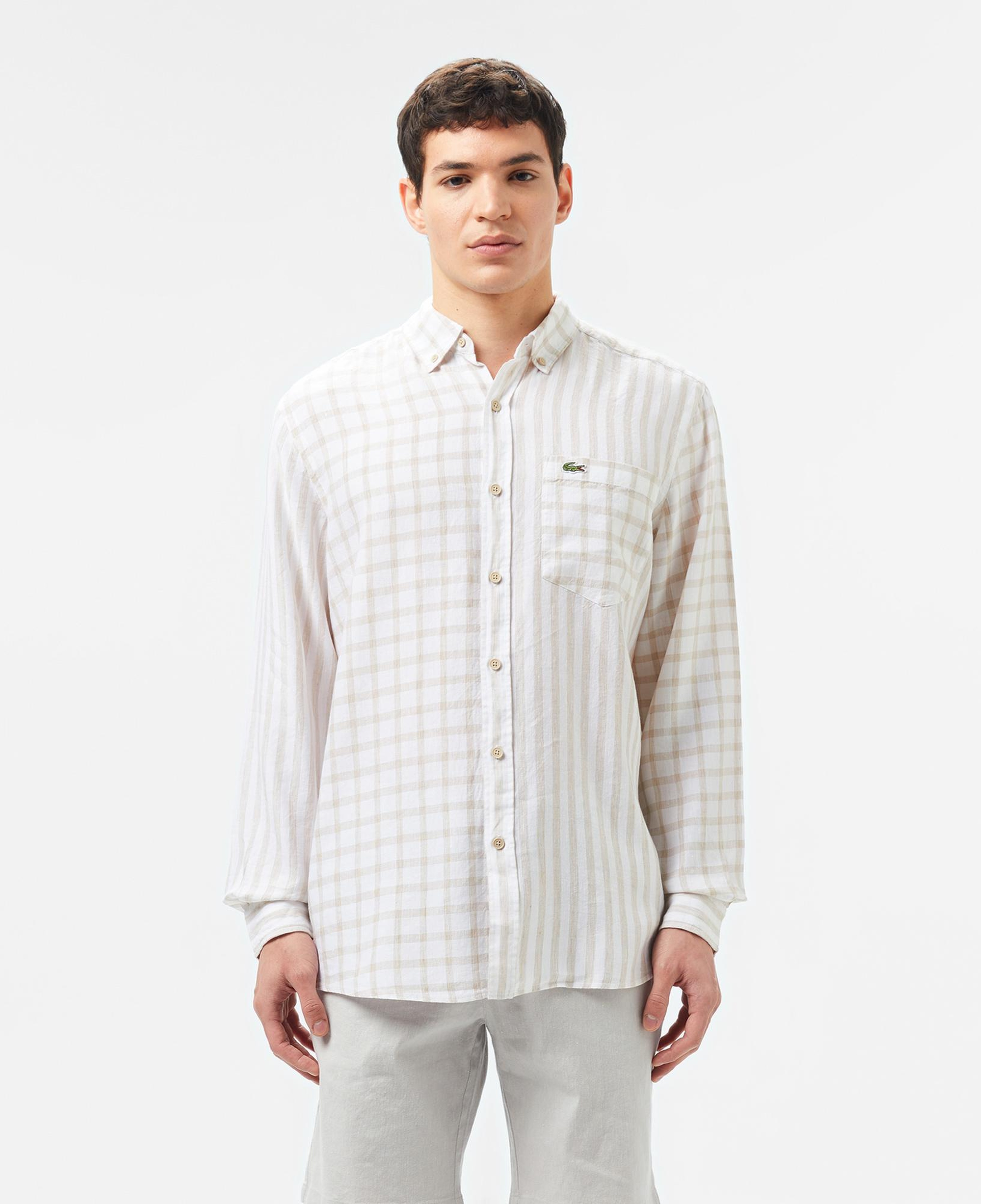 Lacoste Erkek Regular Fit Düğmeli Yaka Ekose Keten Bej Gömlek