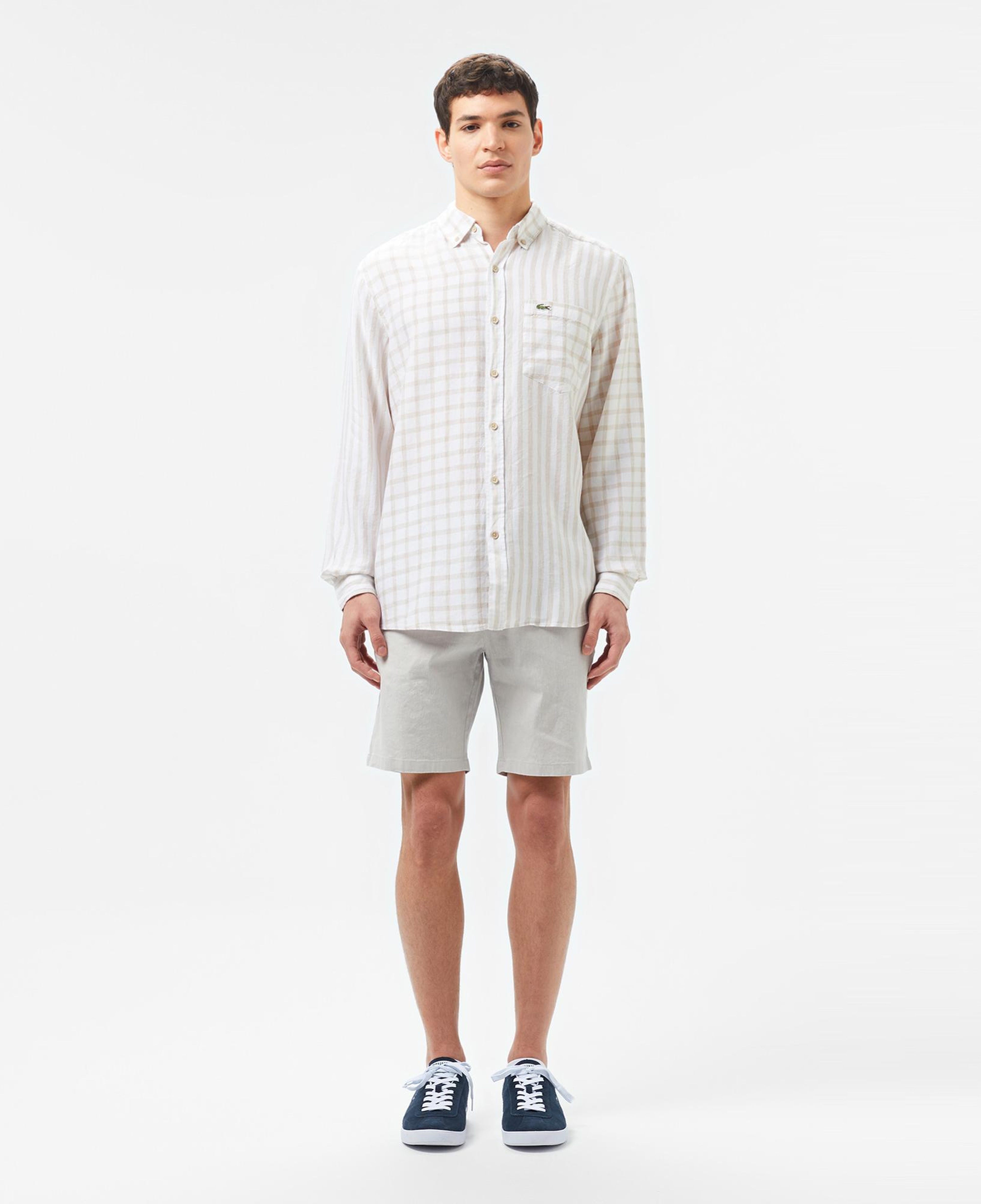 Lacoste Erkek Regular Fit Düğmeli Yaka Ekose Keten Bej Gömlek