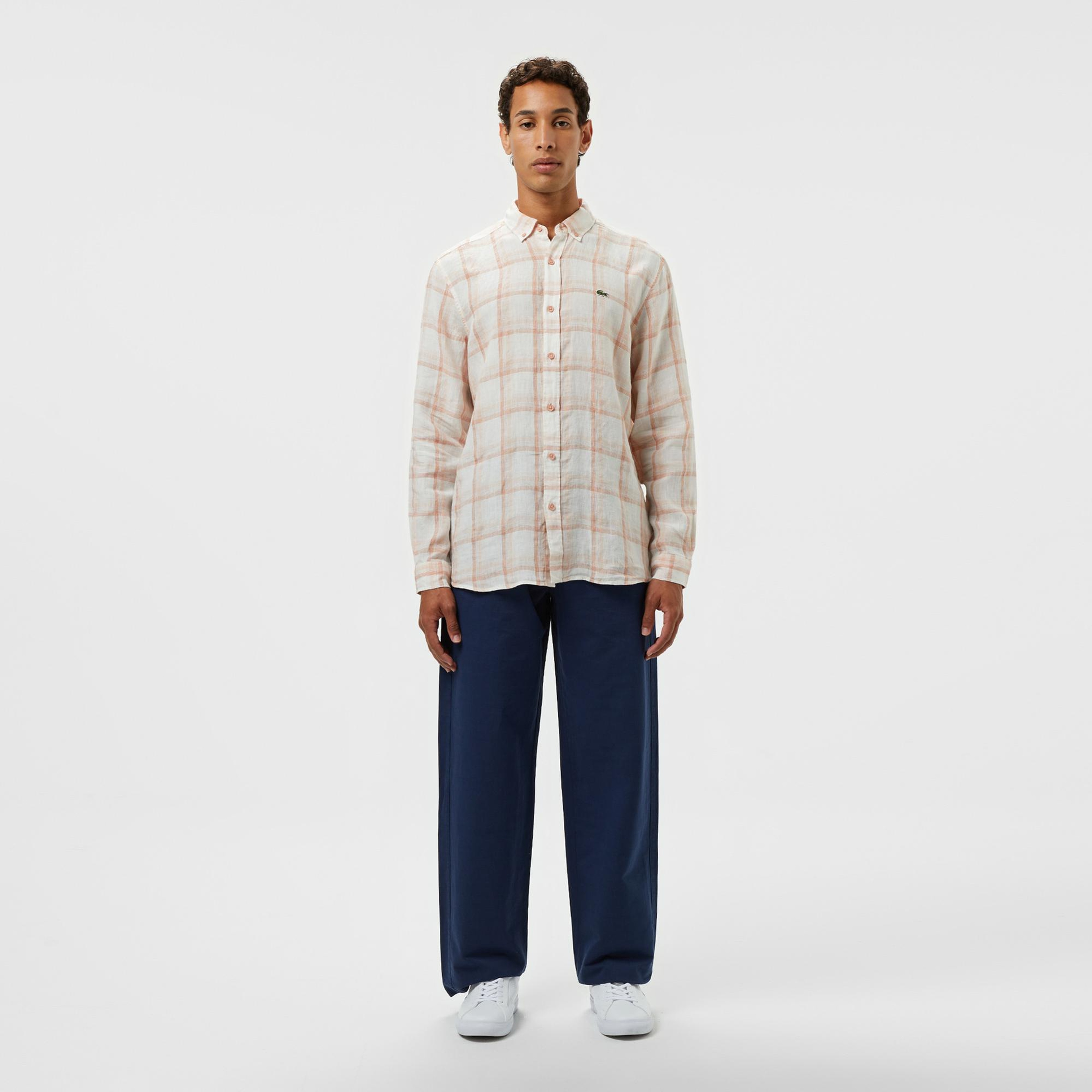 Lacoste Erkek Regular Fit Ekose Keten Açık Kahverengi Gömlek