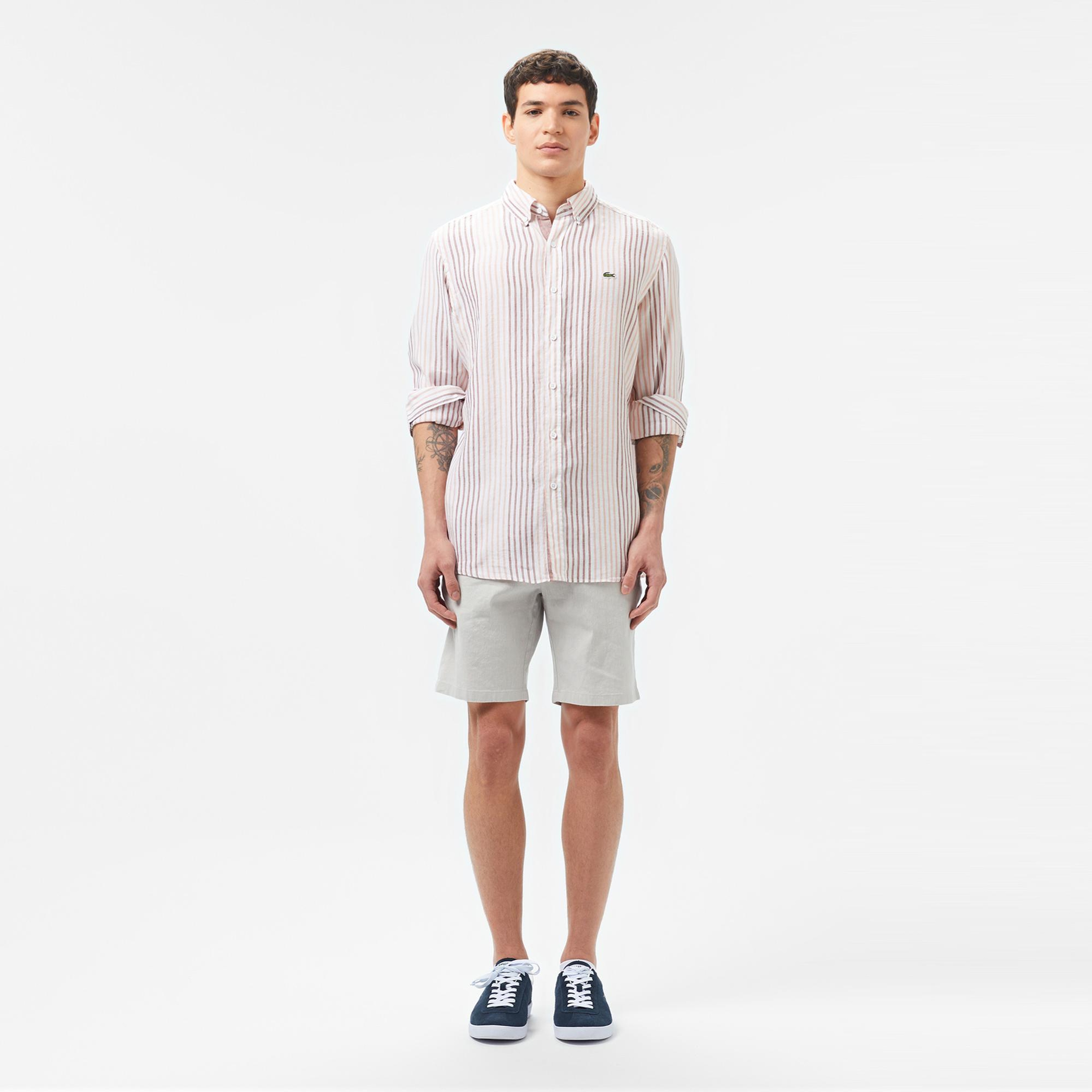 Lacoste Erkek Regular Fit Çizgili Keten Kahverengi Gömlek