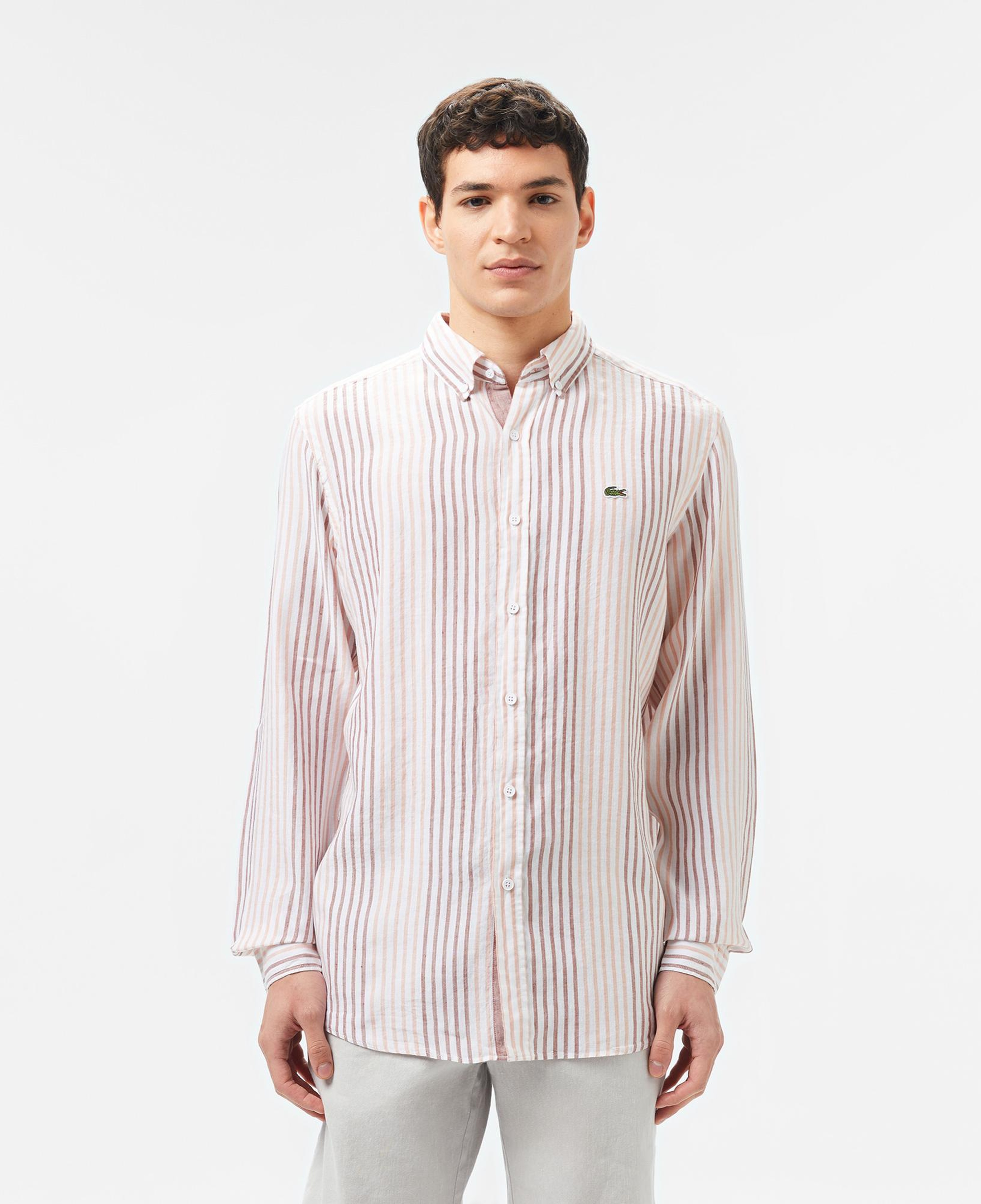 Lacoste Erkek Regular Fit Çizgili Keten Kahverengi Gömlek