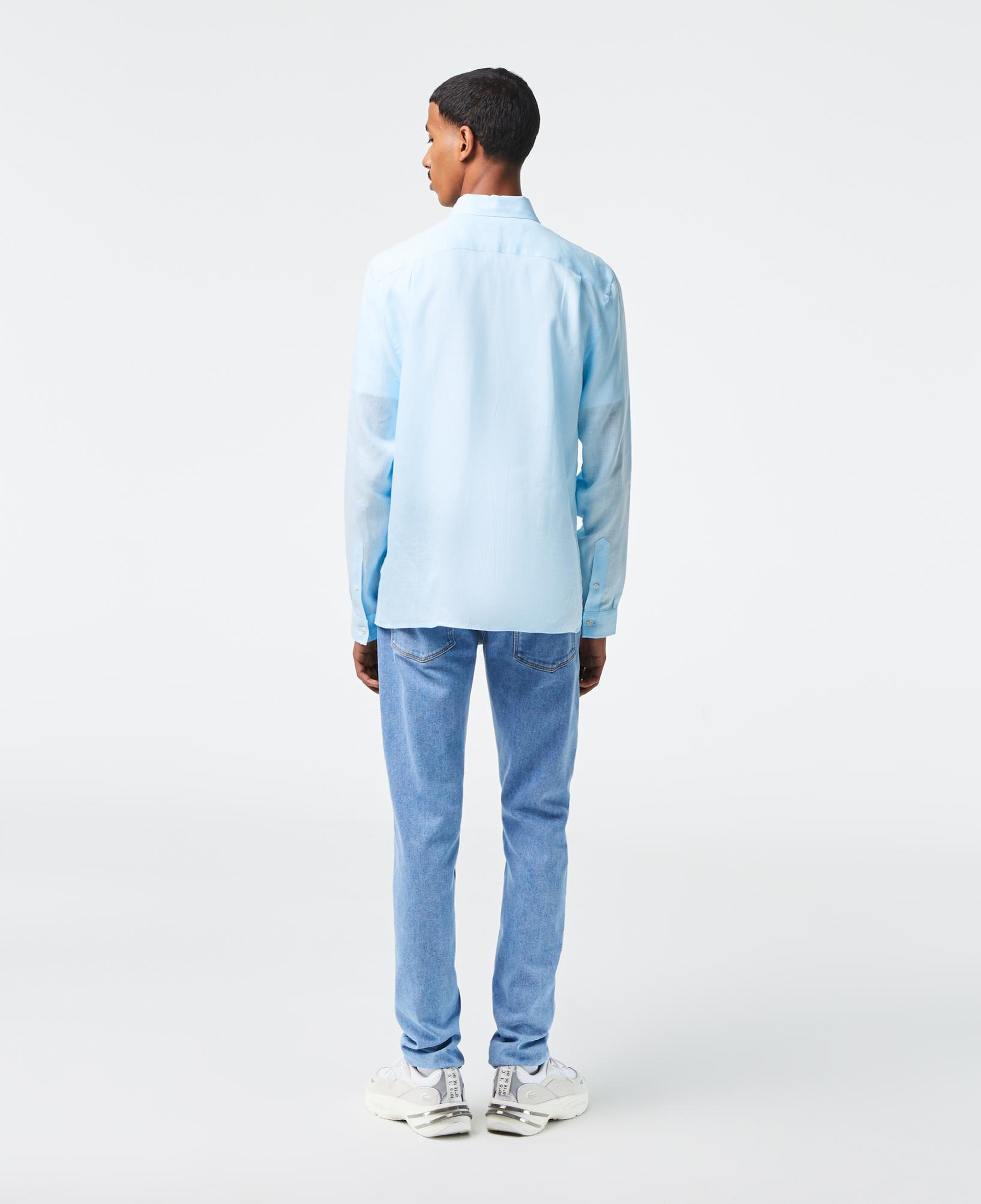 Erkek Regular Fit Düğmeli Yaka Keten Açık Mavi Gömlek