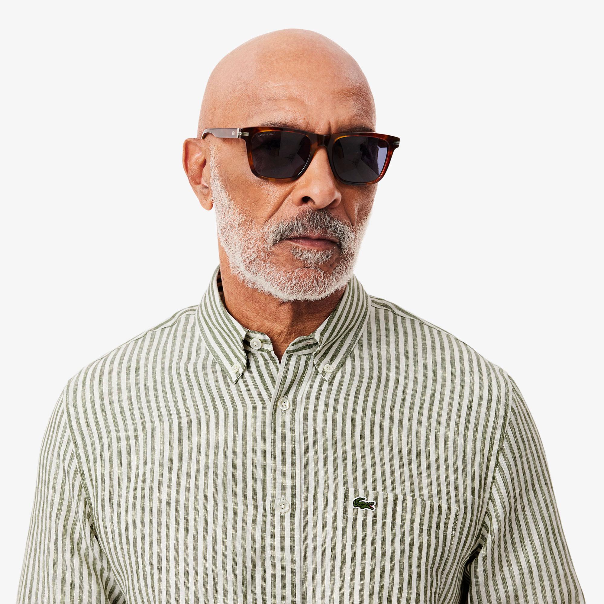 Lacoste Erkek Regular Fit Düğmeli Yaka Çizgili Keten Haki Gömlek