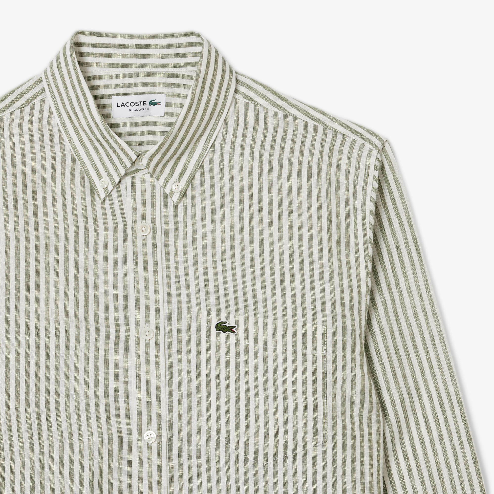 Lacoste Erkek Regular Fit Düğmeli Yaka Çizgili Keten Haki Gömlek