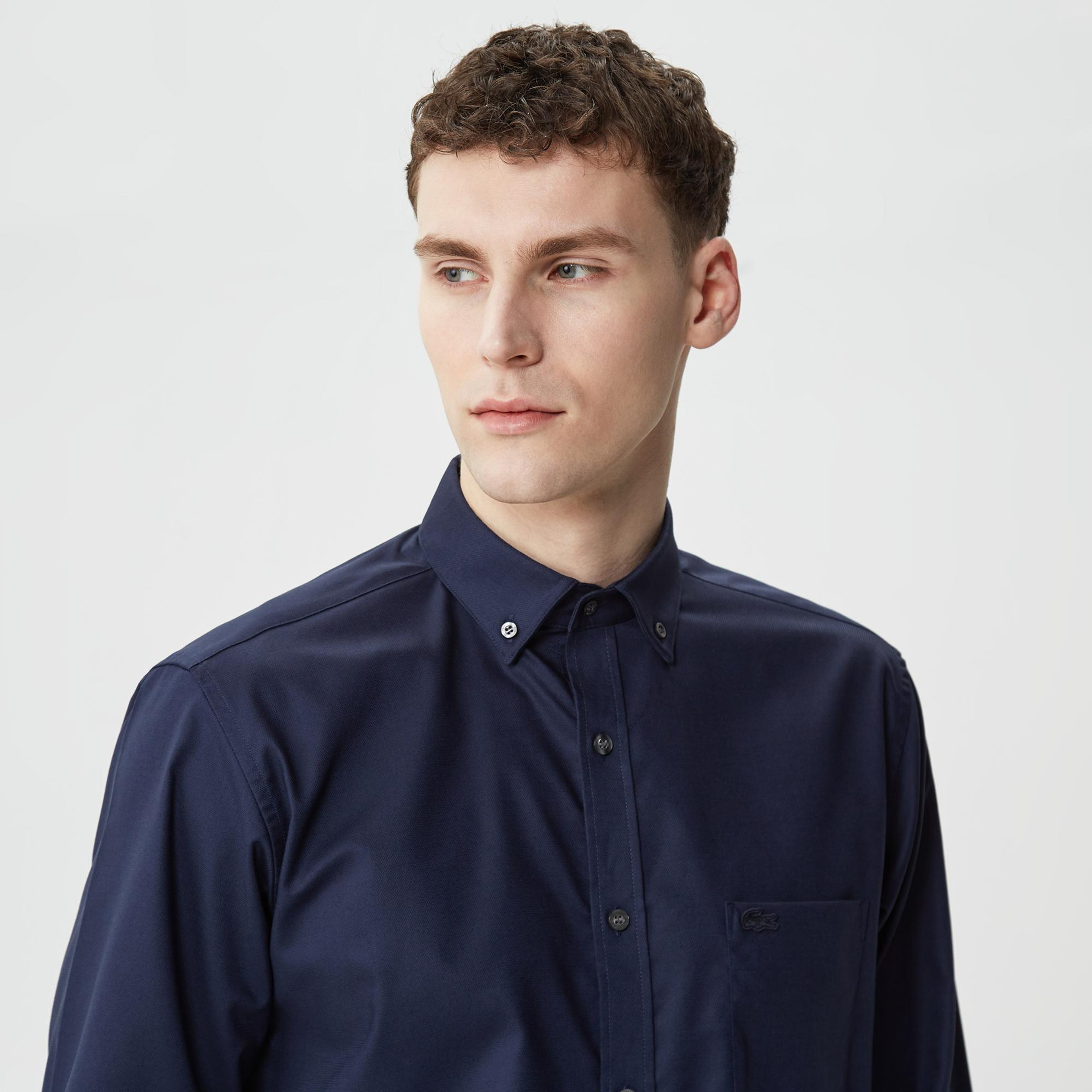 Erkek Regular Fit Düğmeli Yaka Lacivert Gömlek