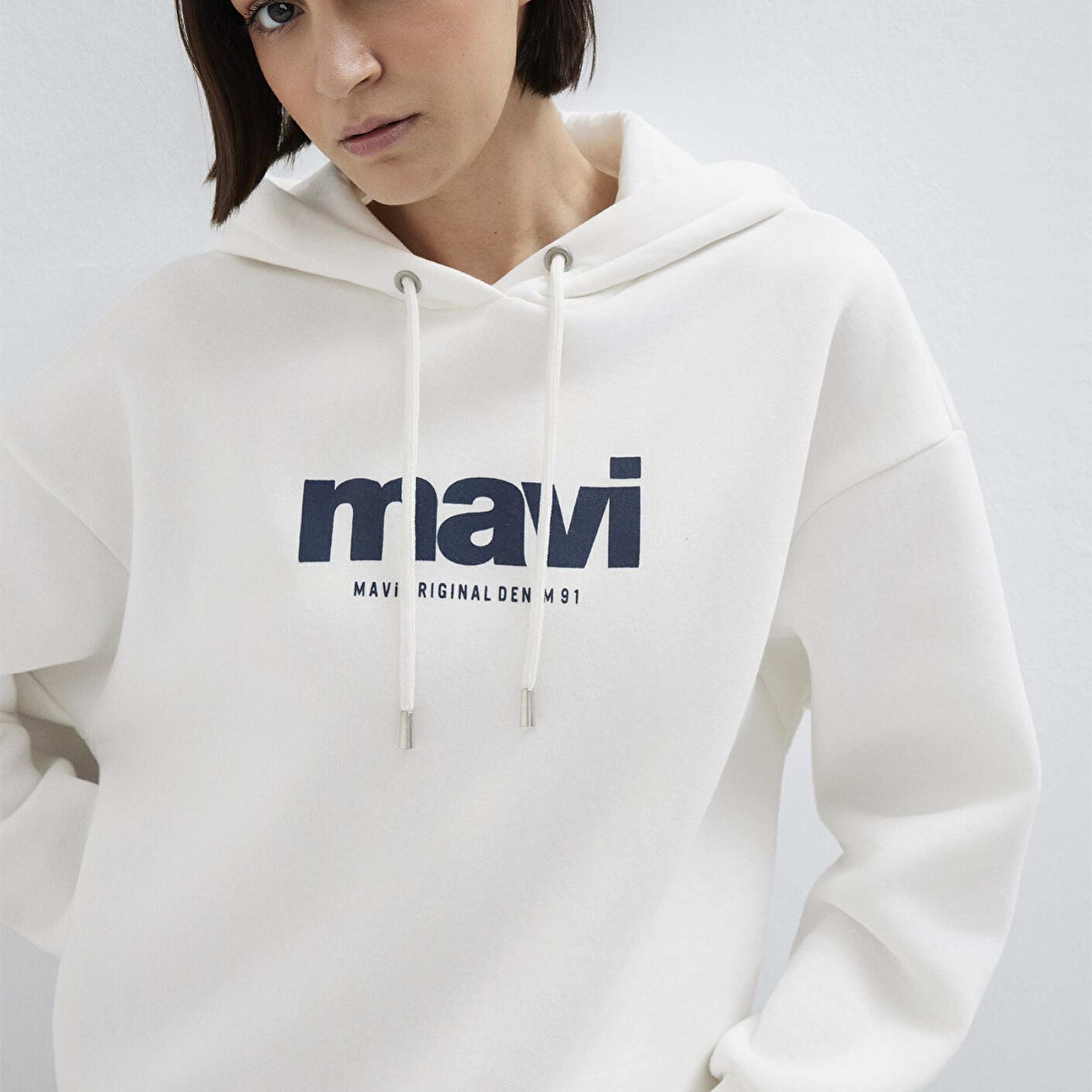 Mavi Mavi Logo Baskılı Kapüşonlu Ekru Sweatshirt 168334-81964