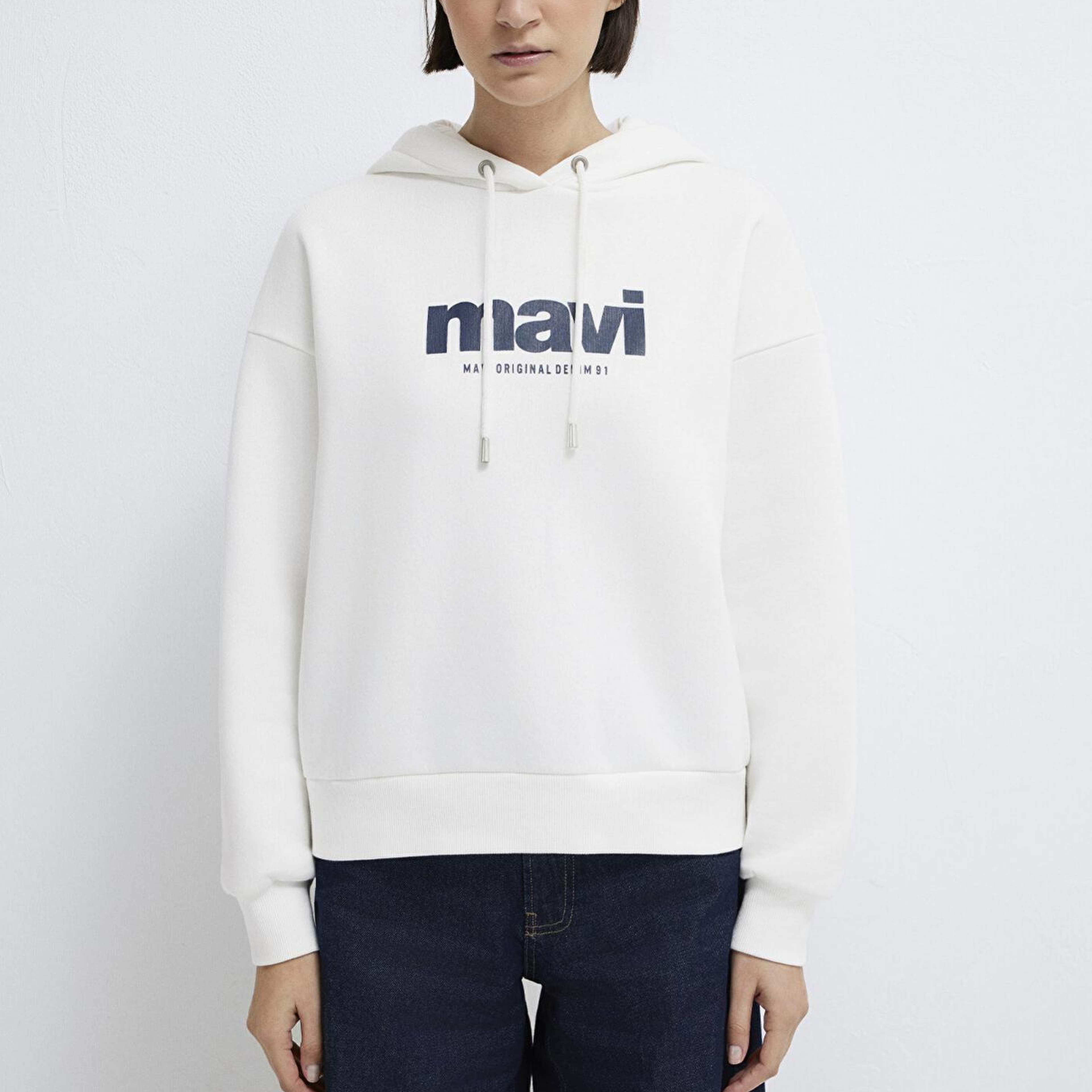 Mavi Mavi Logo Baskılı Kapüşonlu Ekru Sweatshirt 168334-81964