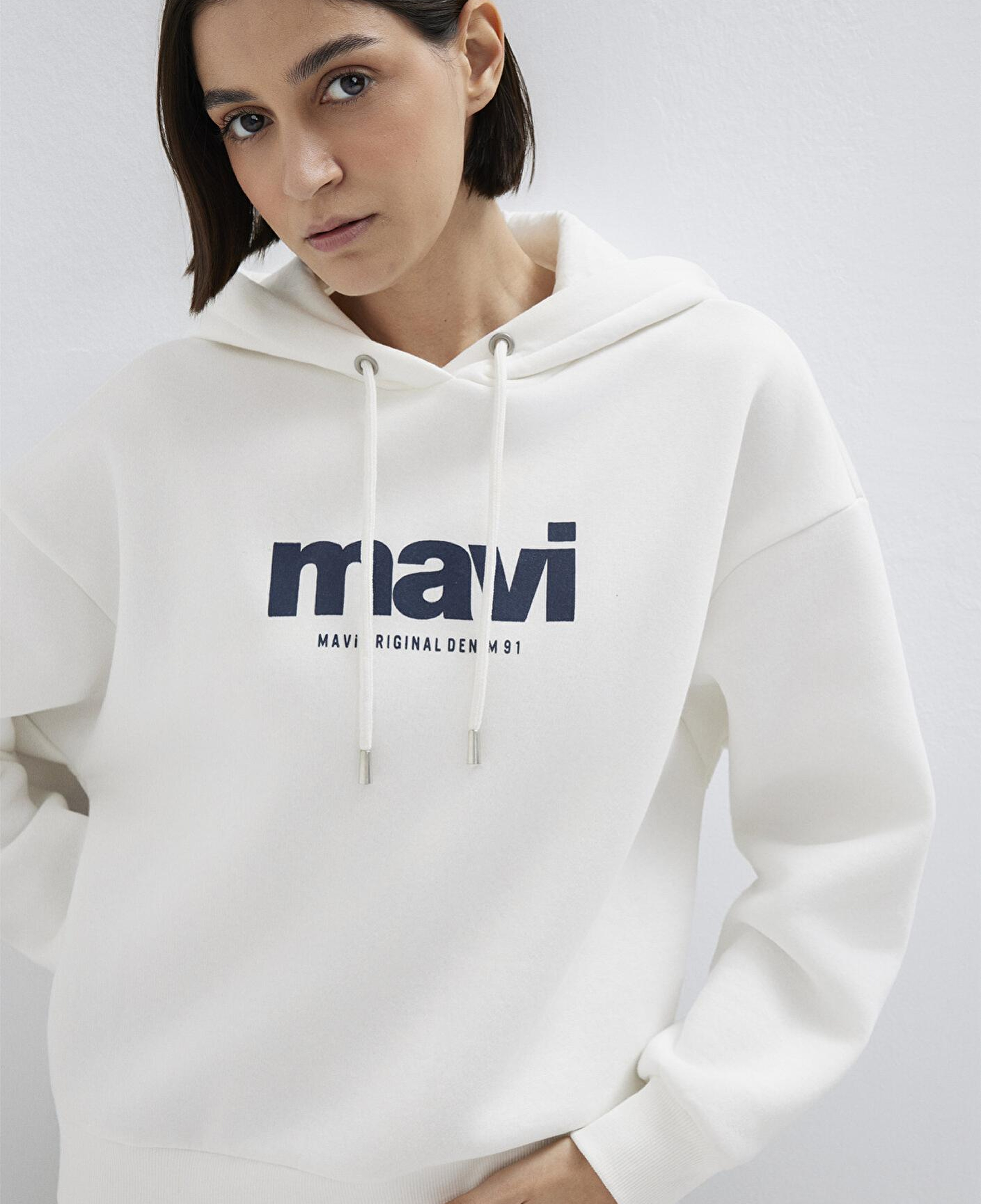 Mavi Mavi Logo Baskılı Kapüşonlu Ekru Sweatshirt 168334-81964