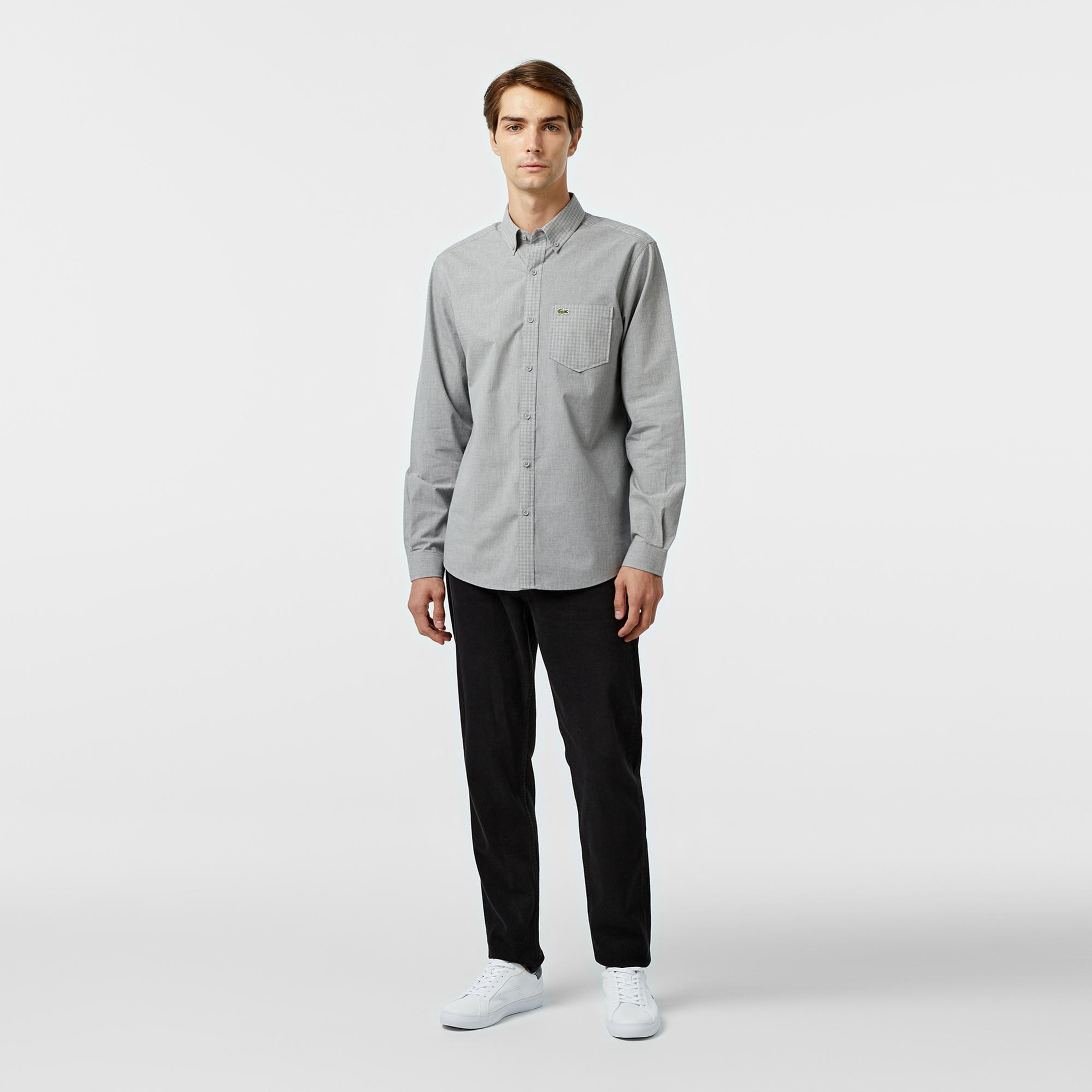 Lacoste Erkek Relaxed Fit Düğmeli Yaka Ekose Gri Gömlek