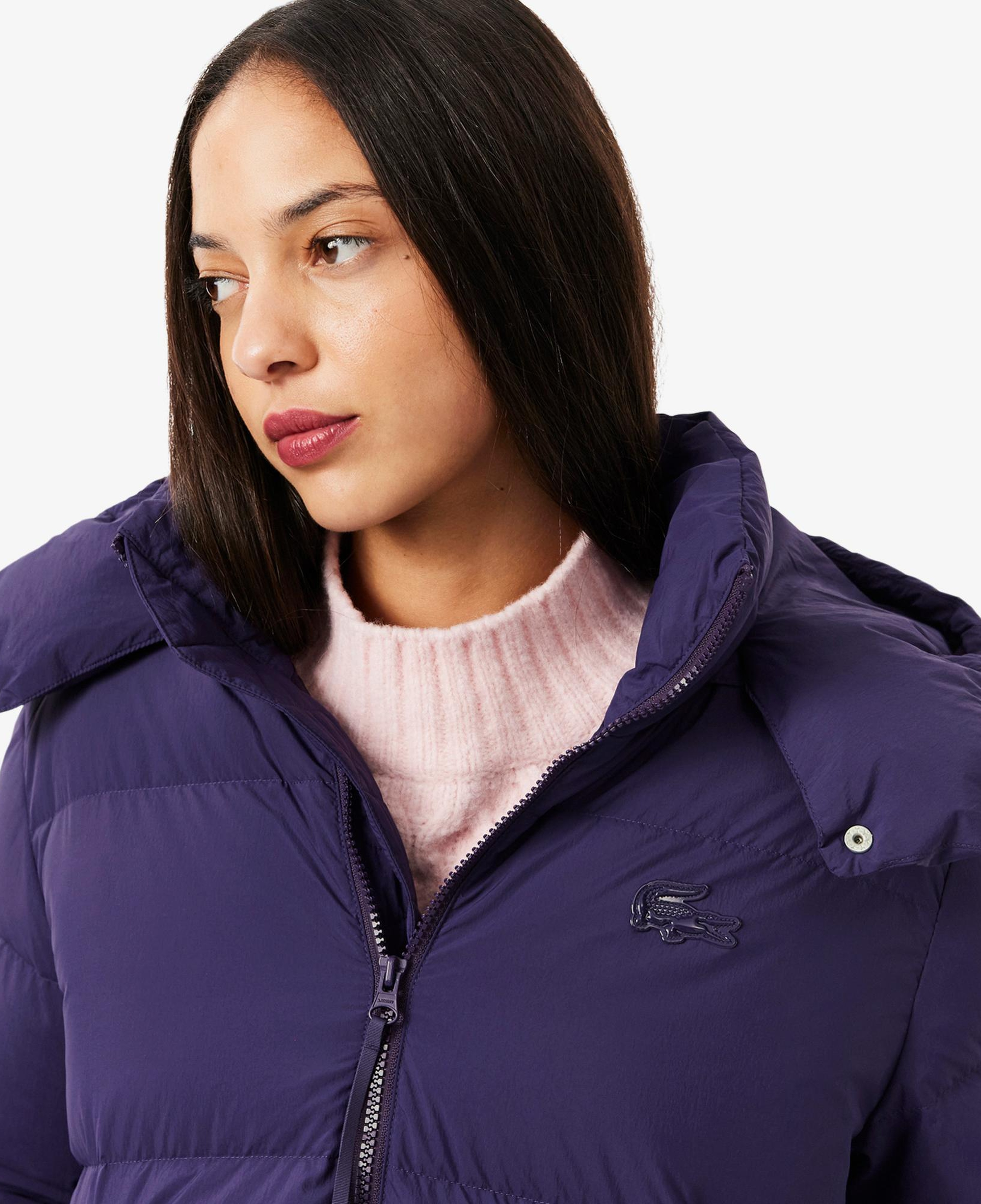 Lacoste Kadın Relaxed Fit Kapüşonlu Mor Şişme Mont