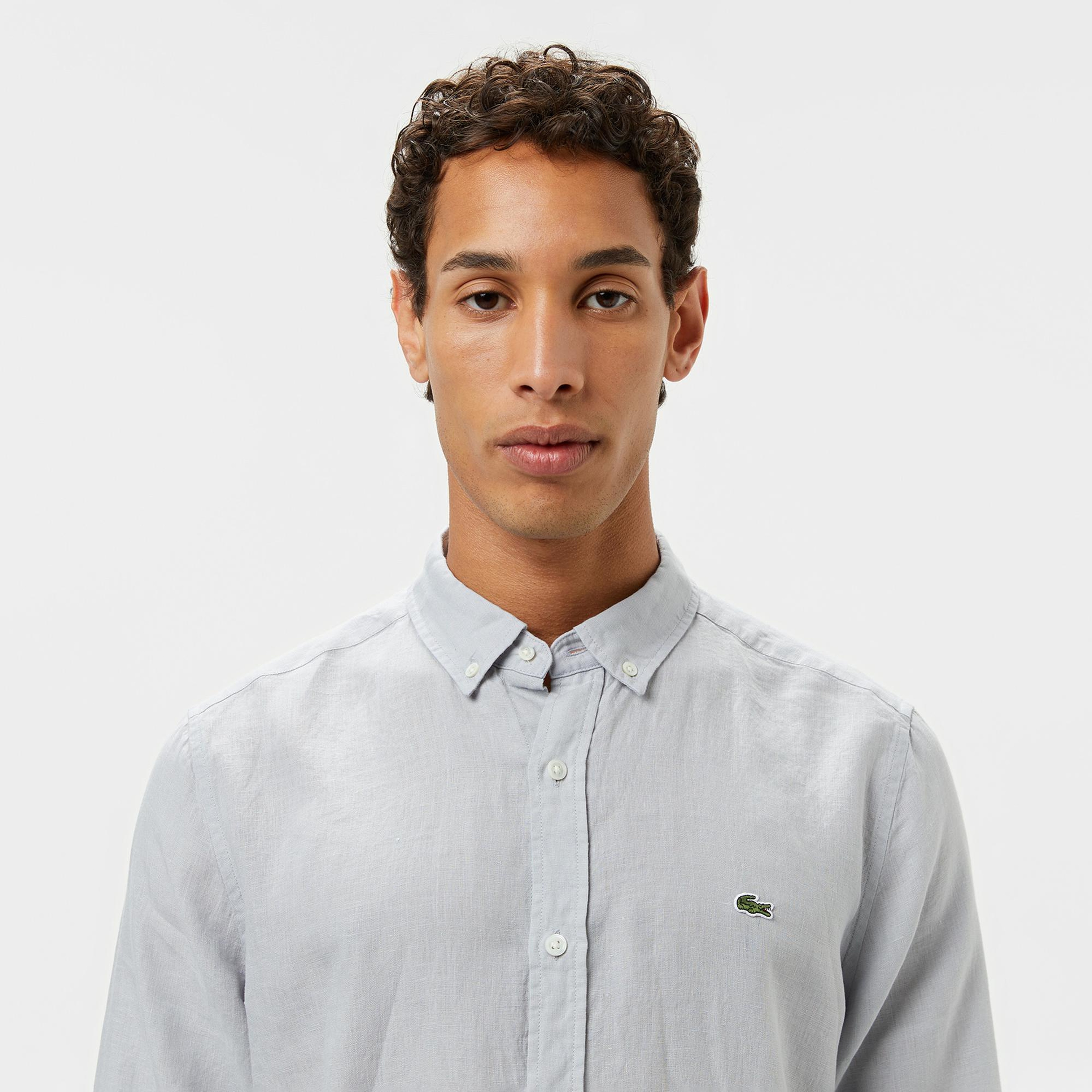 Lacoste Erkek Regular Fit Düğmeli Yaka Keten Gri Gömlek