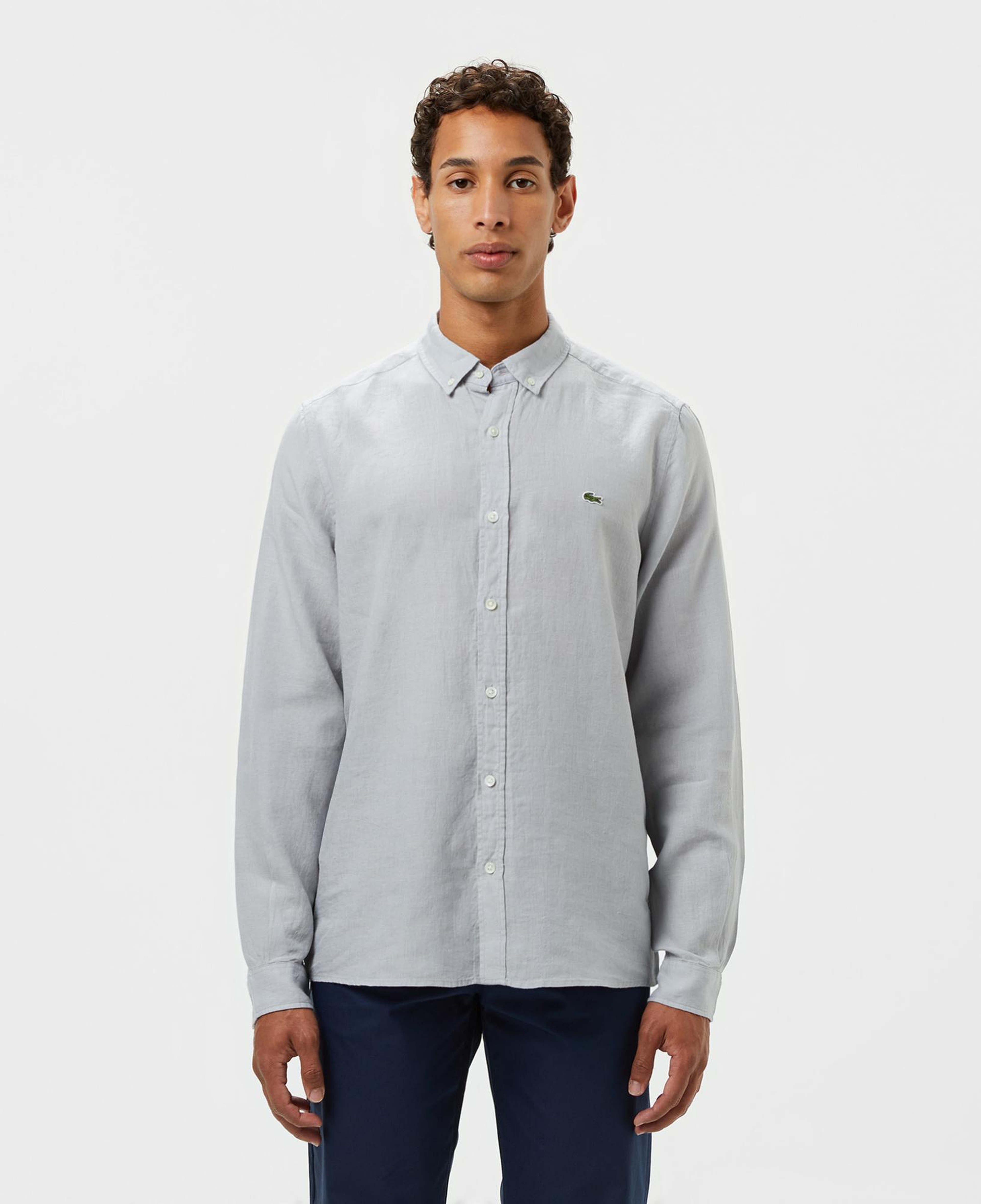 Lacoste Erkek Regular Fit Düğmeli Yaka Keten Gri Gömlek