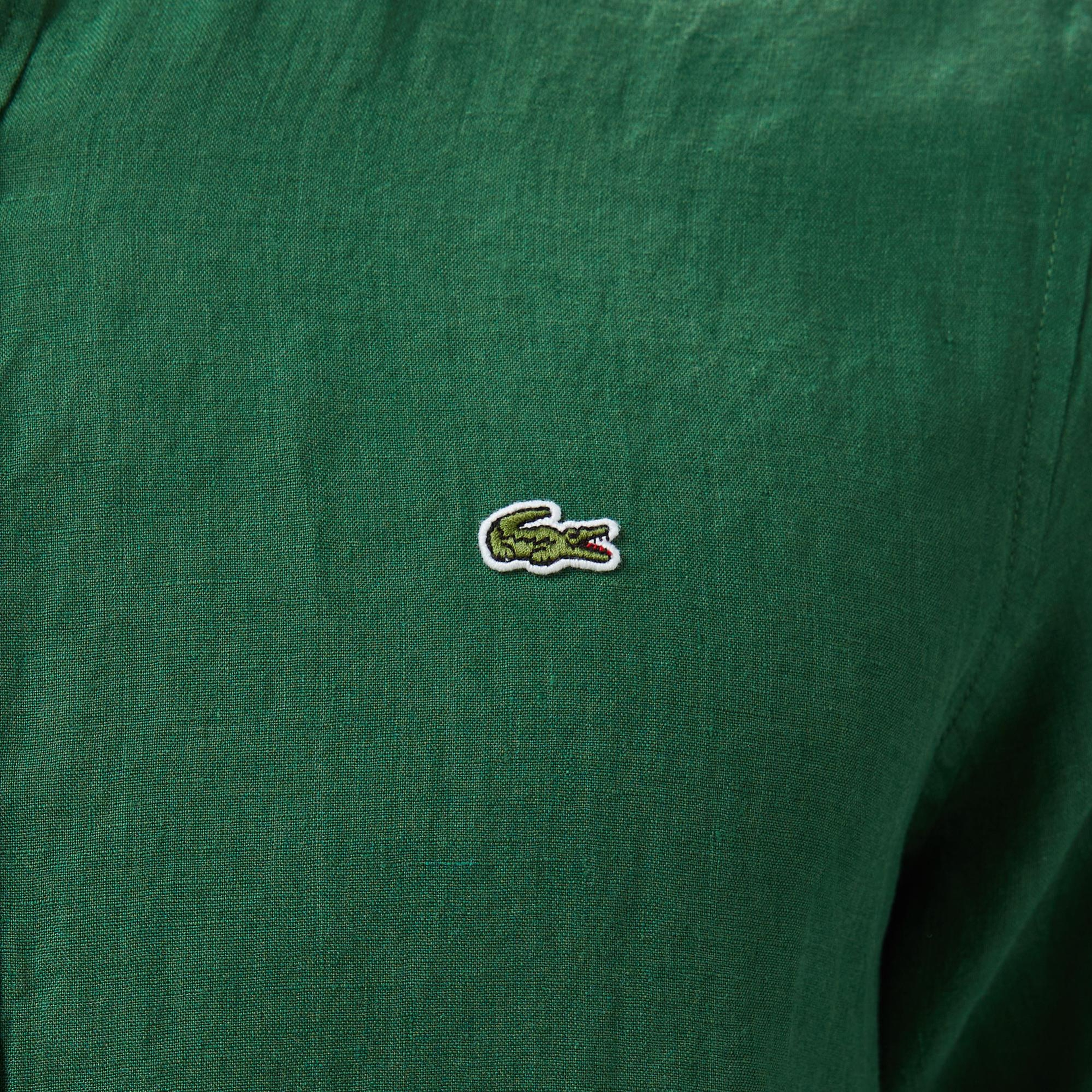 Lacoste Erkek Regular Fit Düğmeli Yaka Keten Koyu Yeşil Gömlek