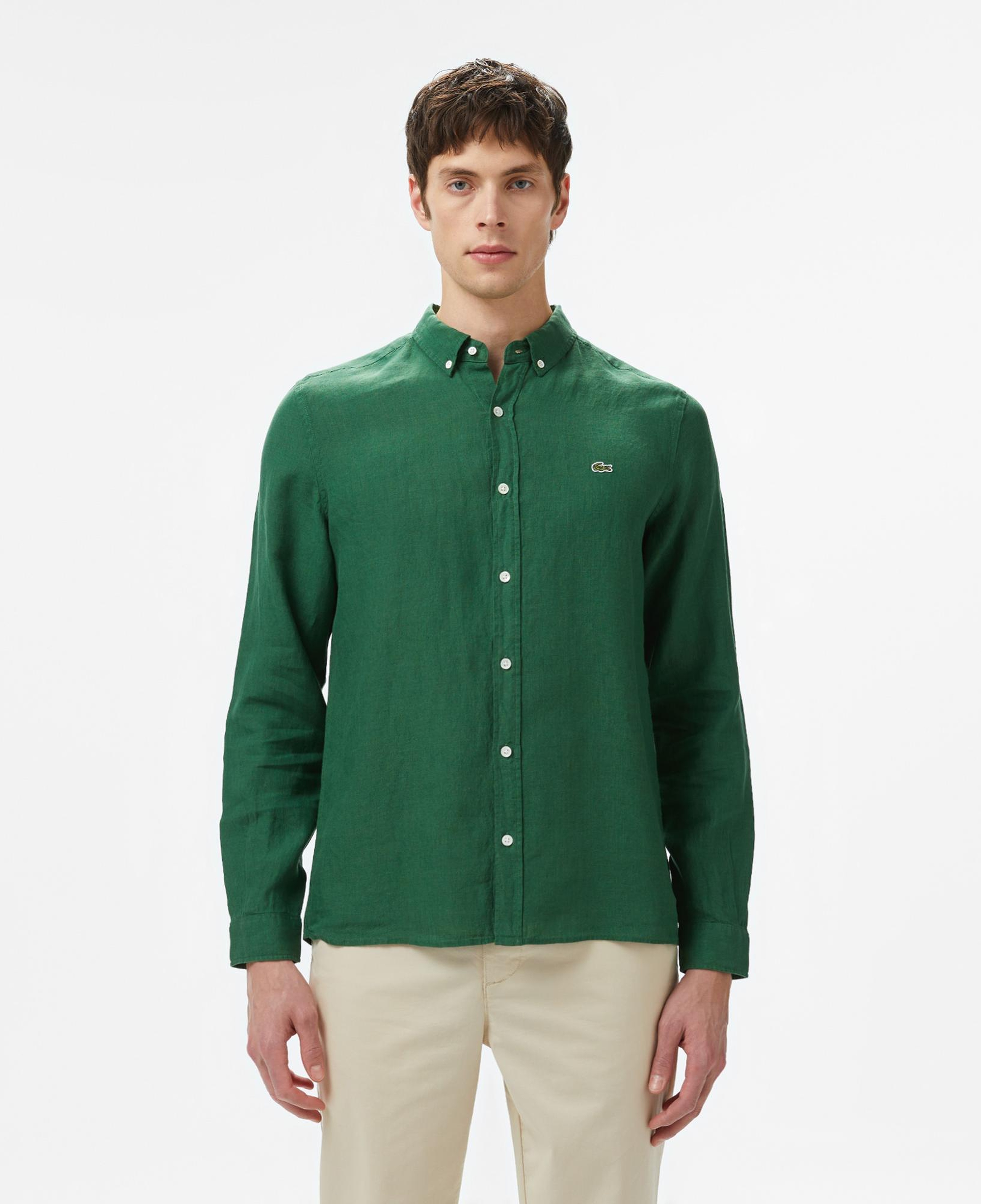 Lacoste Erkek Regular Fit Düğmeli Yaka Keten Koyu Yeşil Gömlek