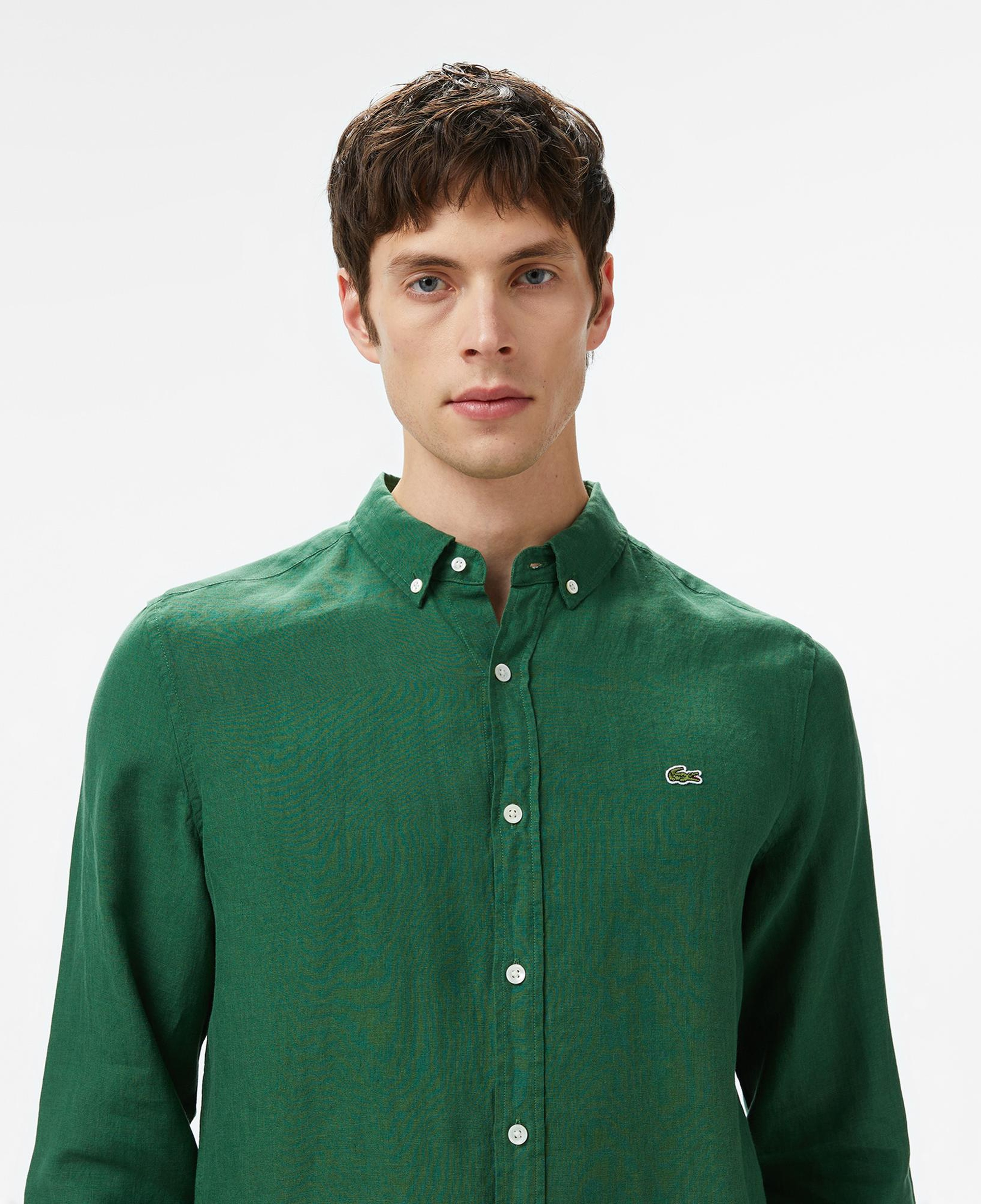 Lacoste Erkek Regular Fit Düğmeli Yaka Keten Koyu Yeşil Gömlek
