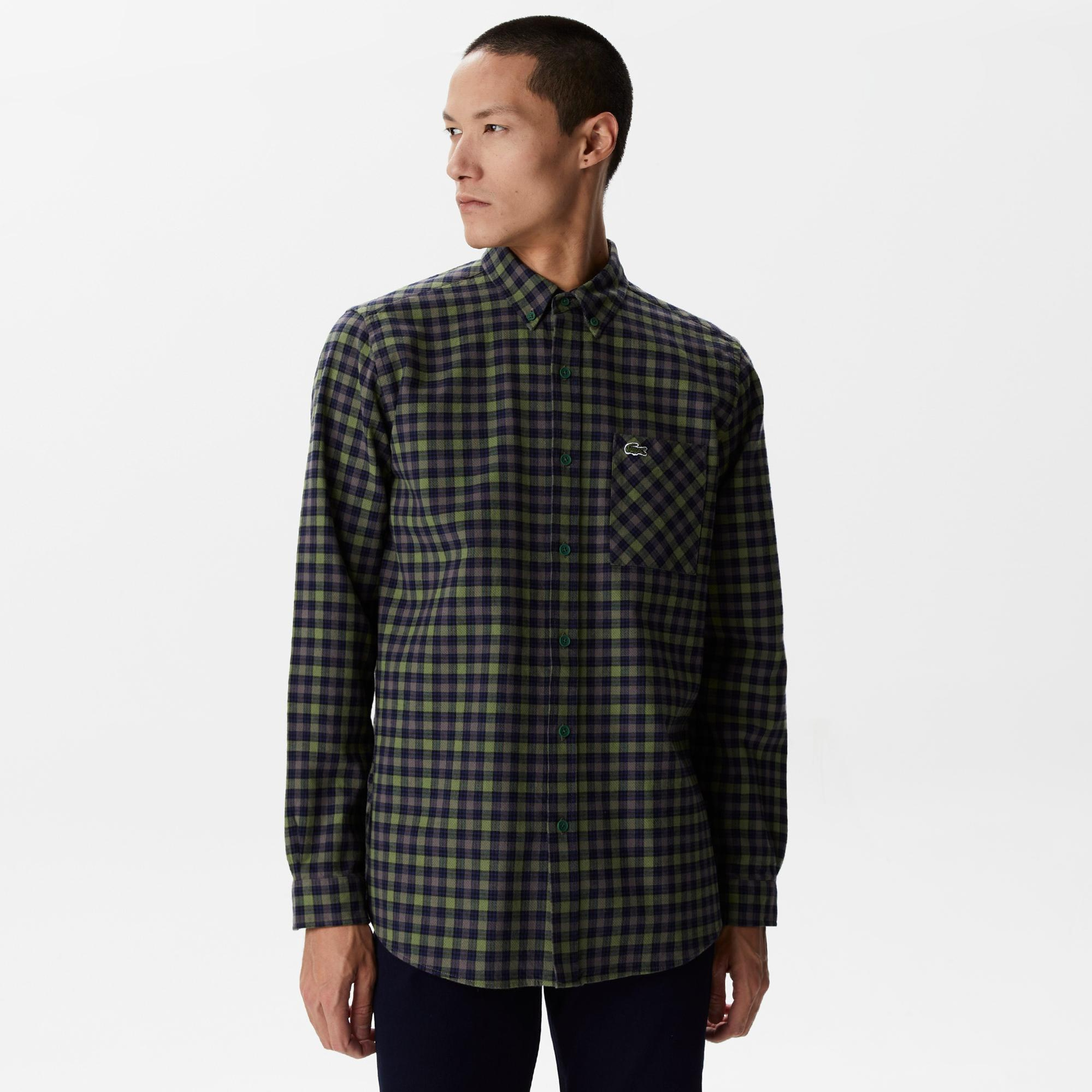 Erkek Regular Fit Ekose Koyu Yeşil Gömlek