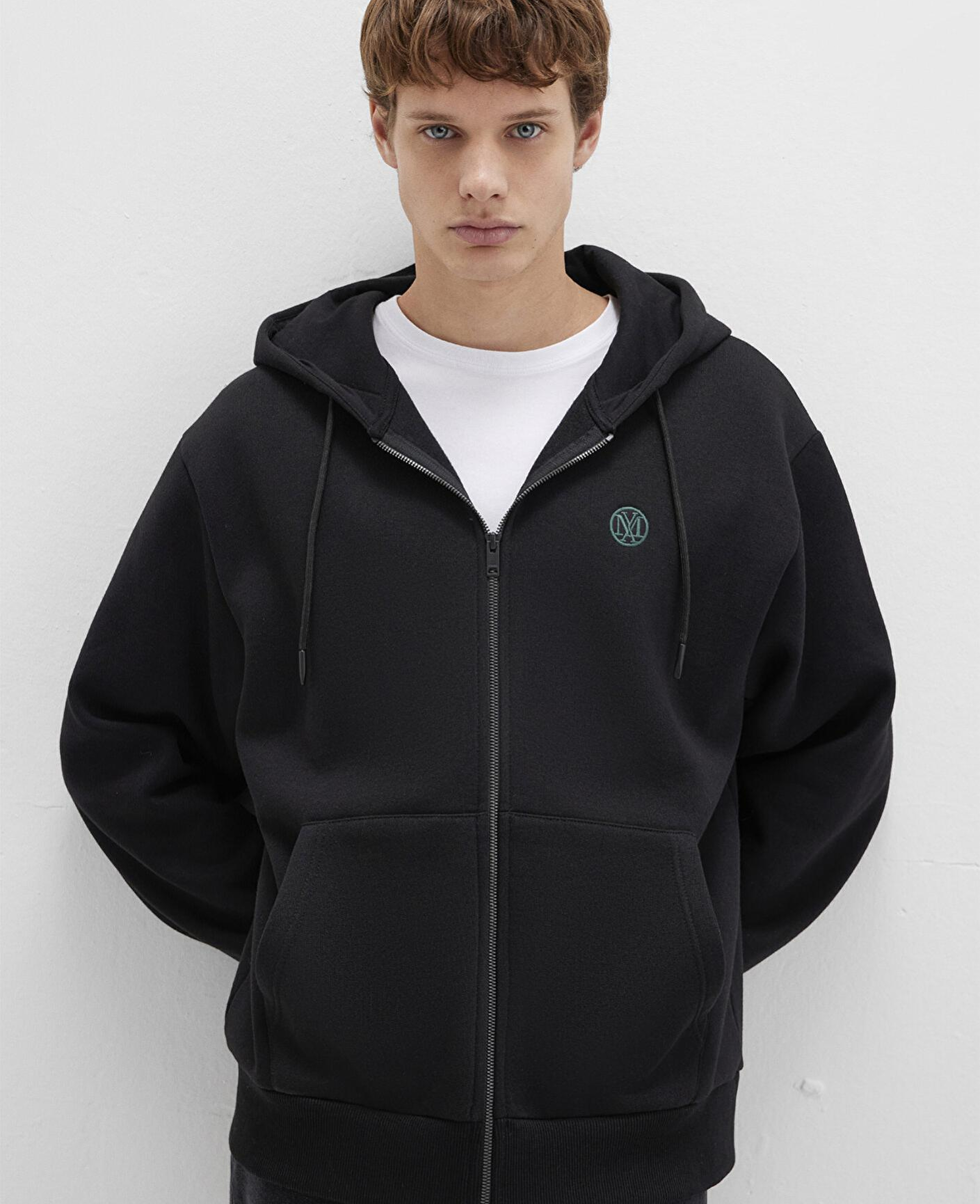 Mavi Mühür Logo Nakışlı Kapüşonlu Fermuarlı Siyah Sweatshirt 066979-900