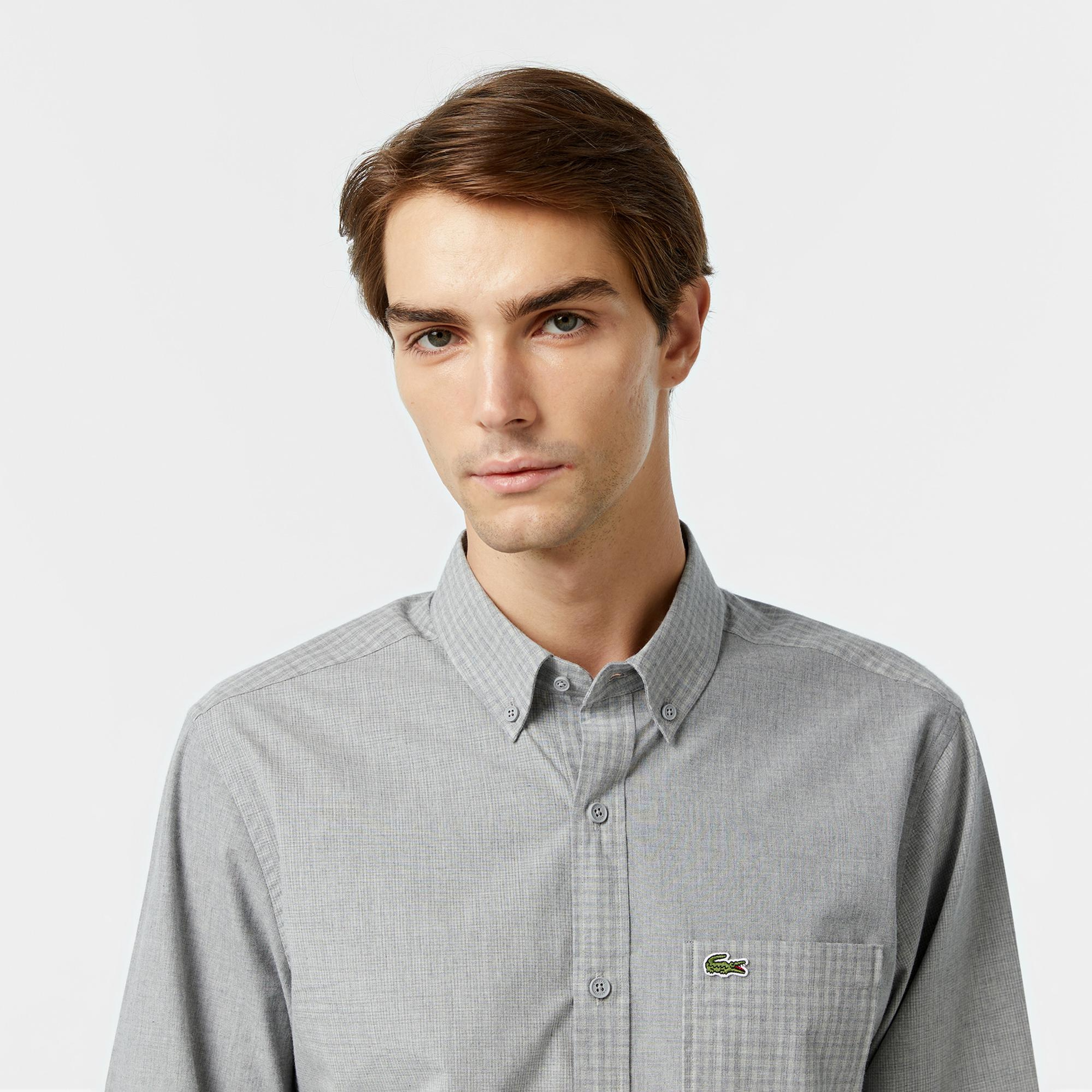 Lacoste Erkek Relaxed Fit Düğmeli Yaka Ekose Gri Gömlek