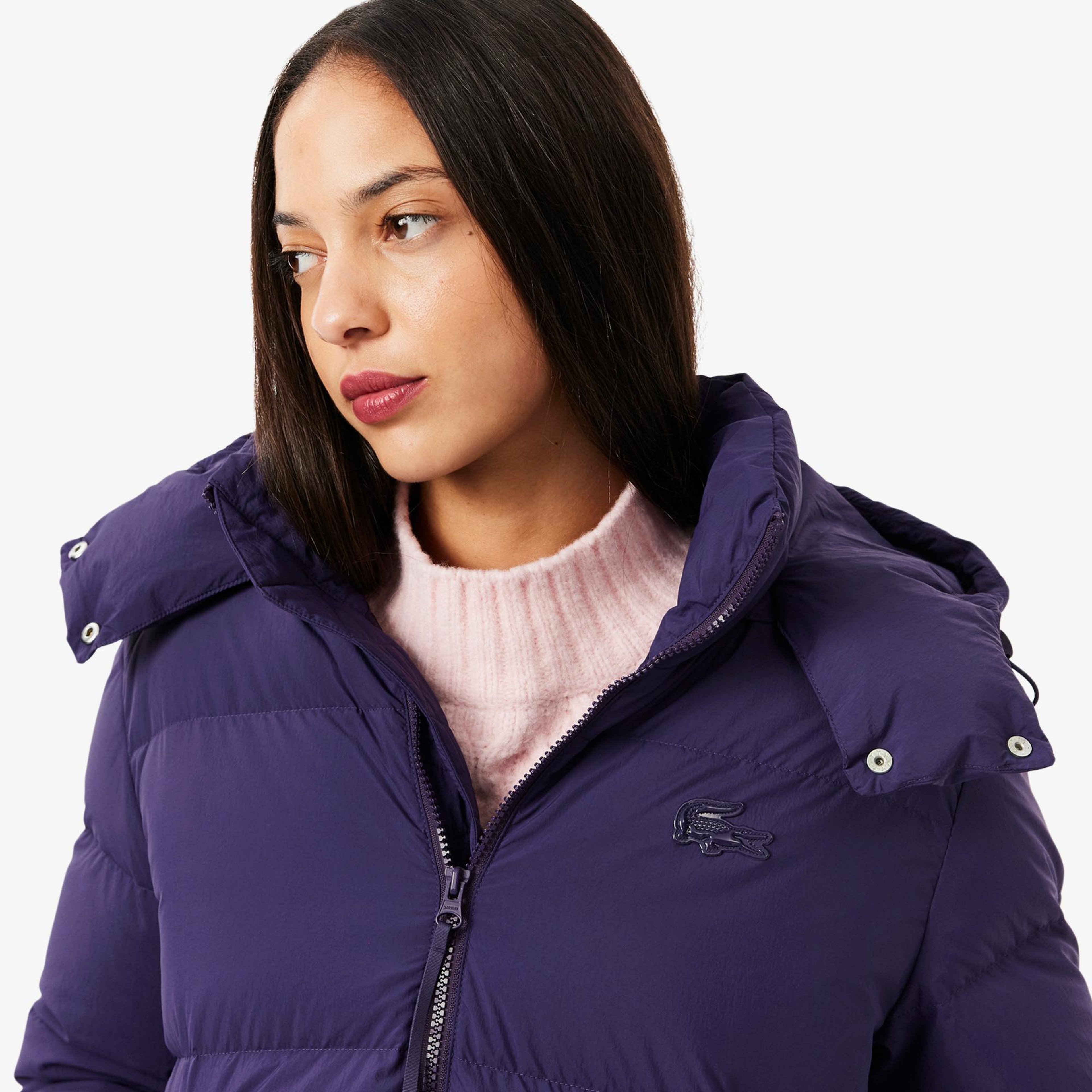 Lacoste Kadın Relaxed Fit Kapüşonlu Mor Şişme Mont