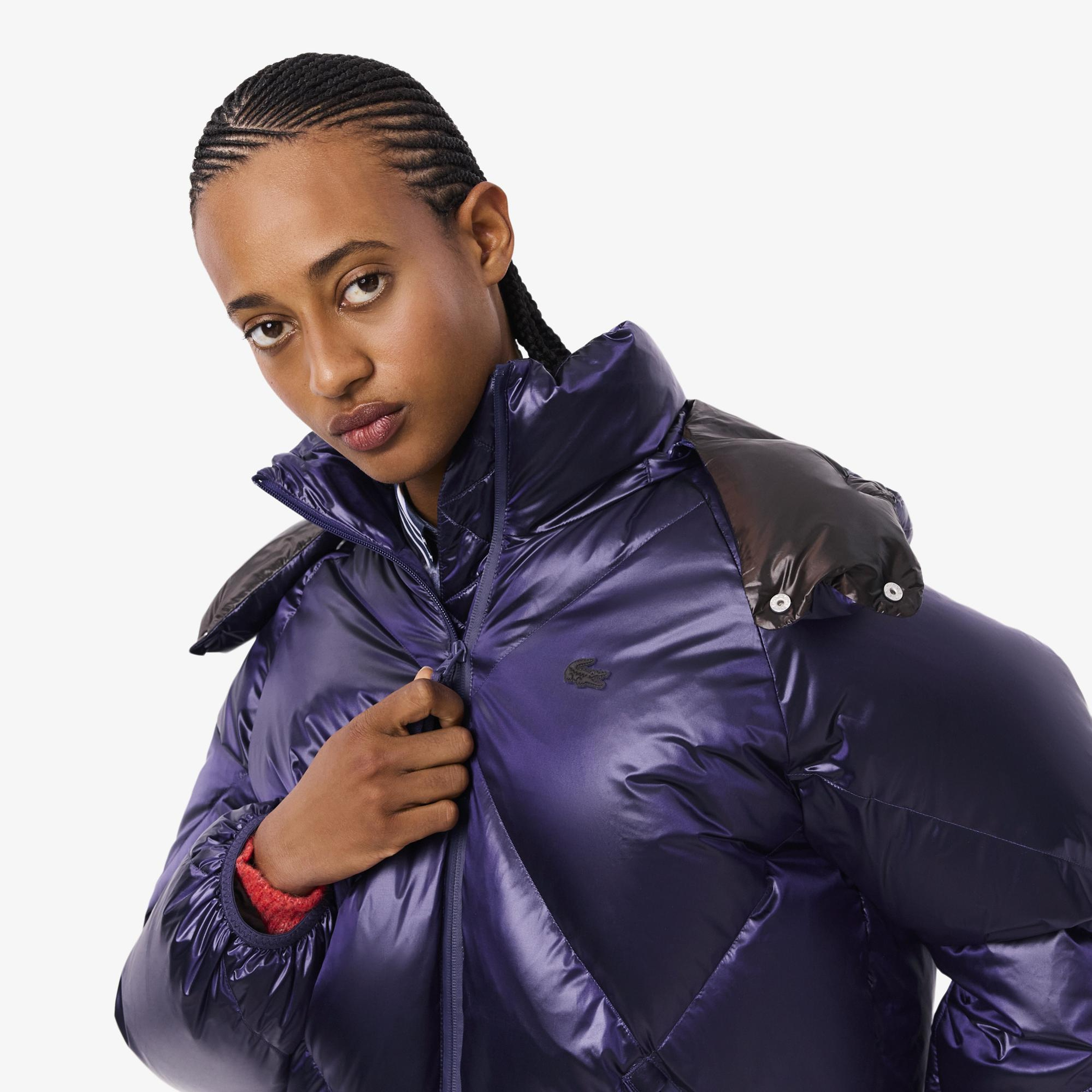 Lacoste Kadın Oversize Fit Kapüşonlu Kapitone Mor Mont