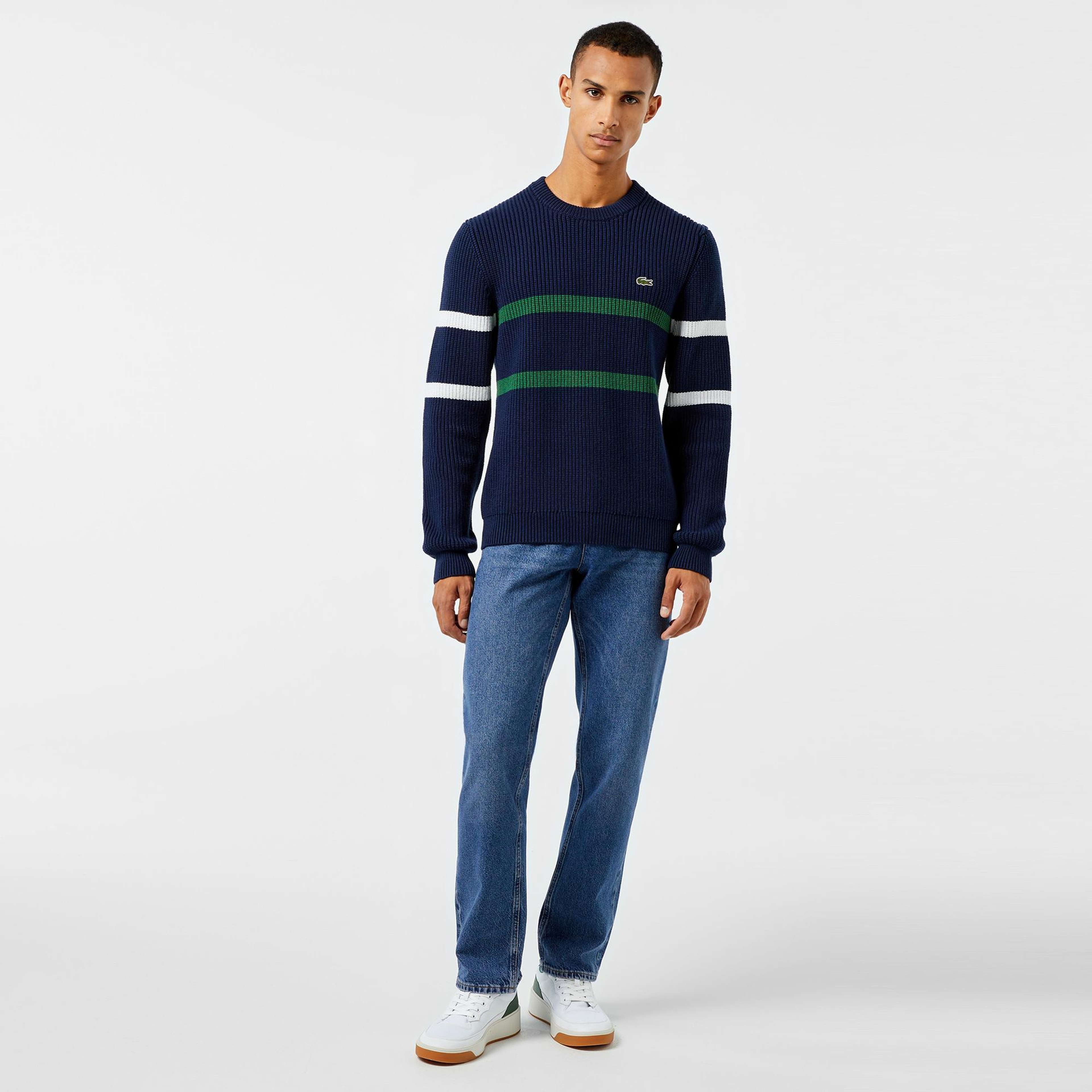Erkek Relaxed Fit Bisiklet Yaka Çizgili Lacivert Kazak