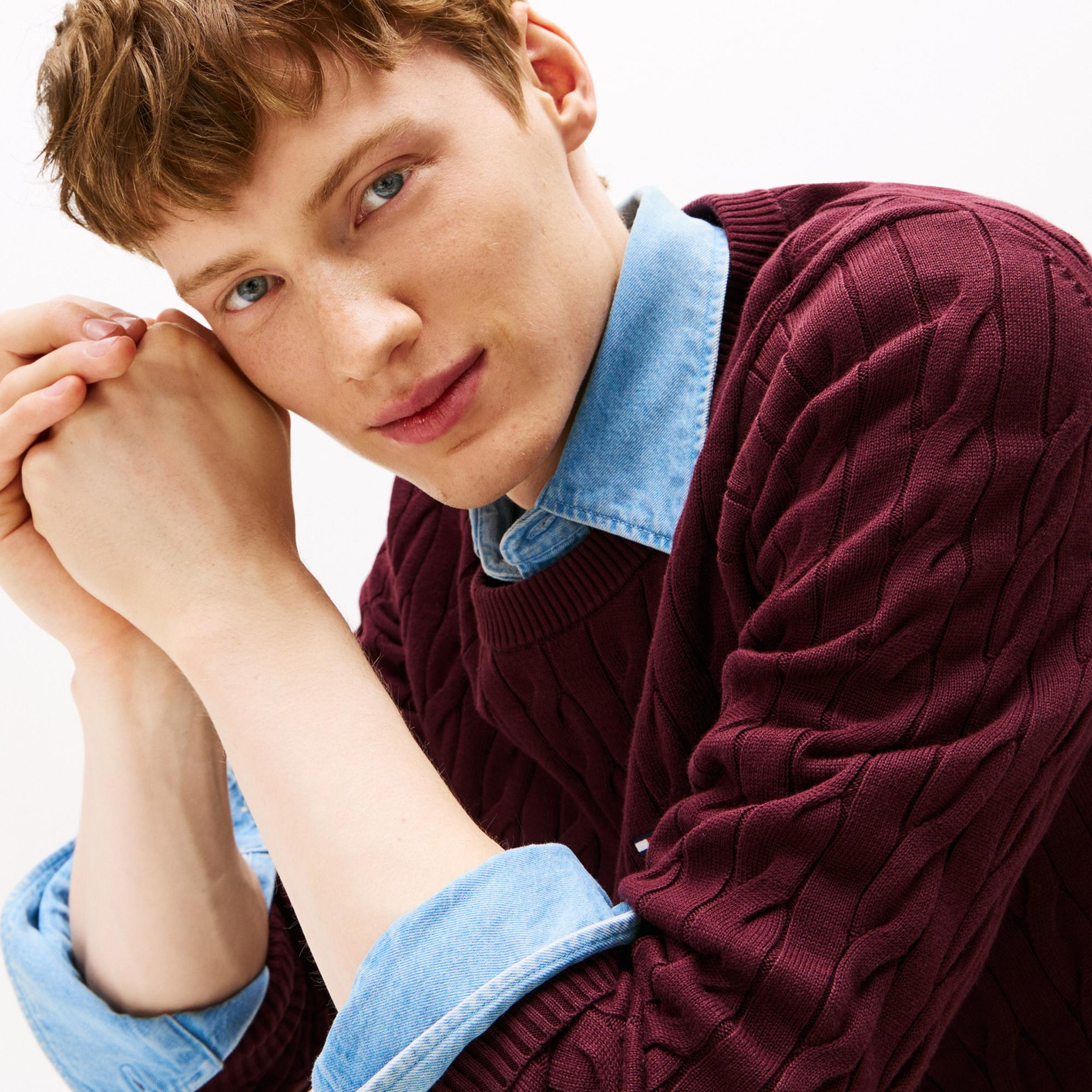 Tommy Hilfiger Classic Cotton Cable Yuvarlak Yaka Erkek Bordo Kazak