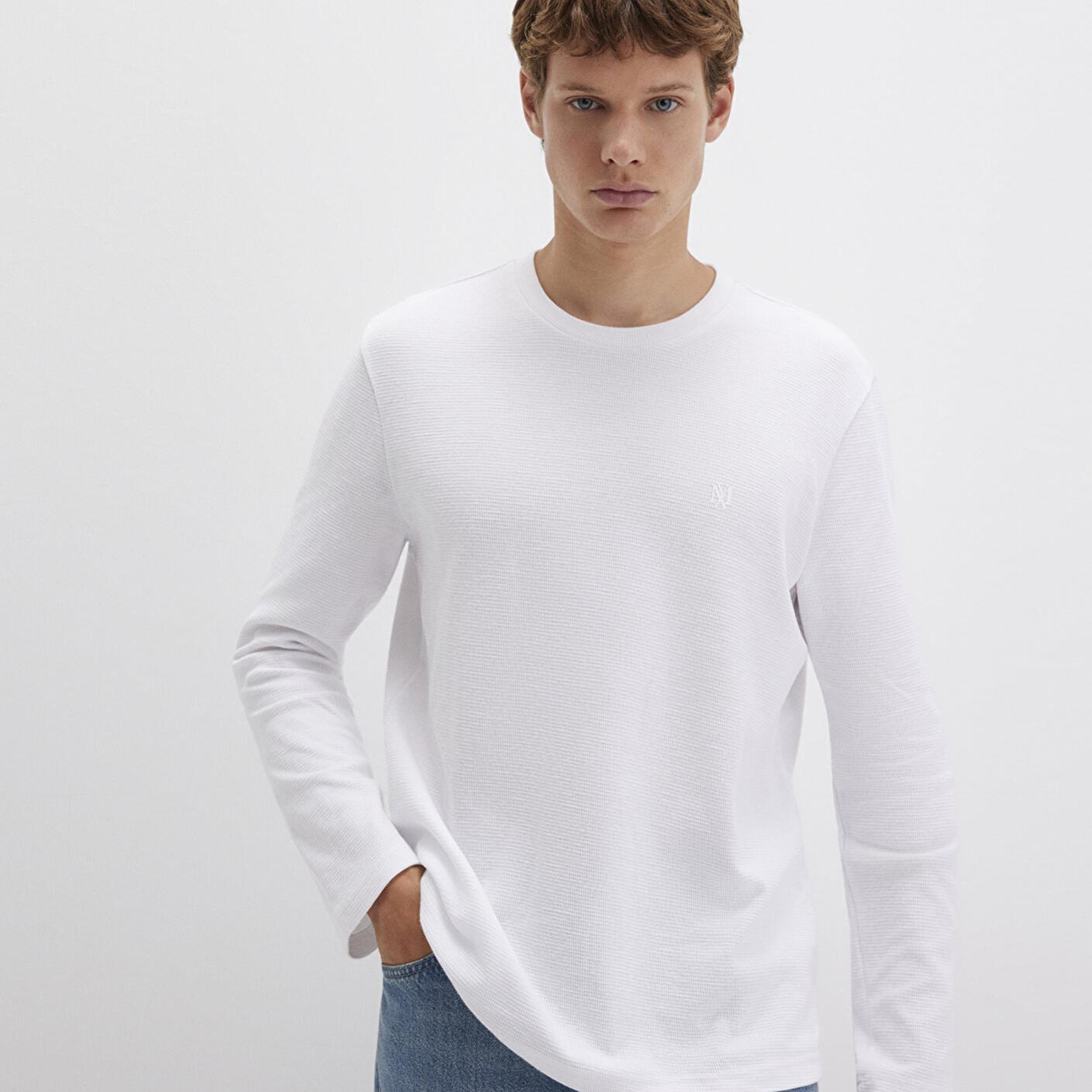 Mavi Uzun Kollu Beyaz Basic Tişört Slim Fit / Dar Kesim 065755-620