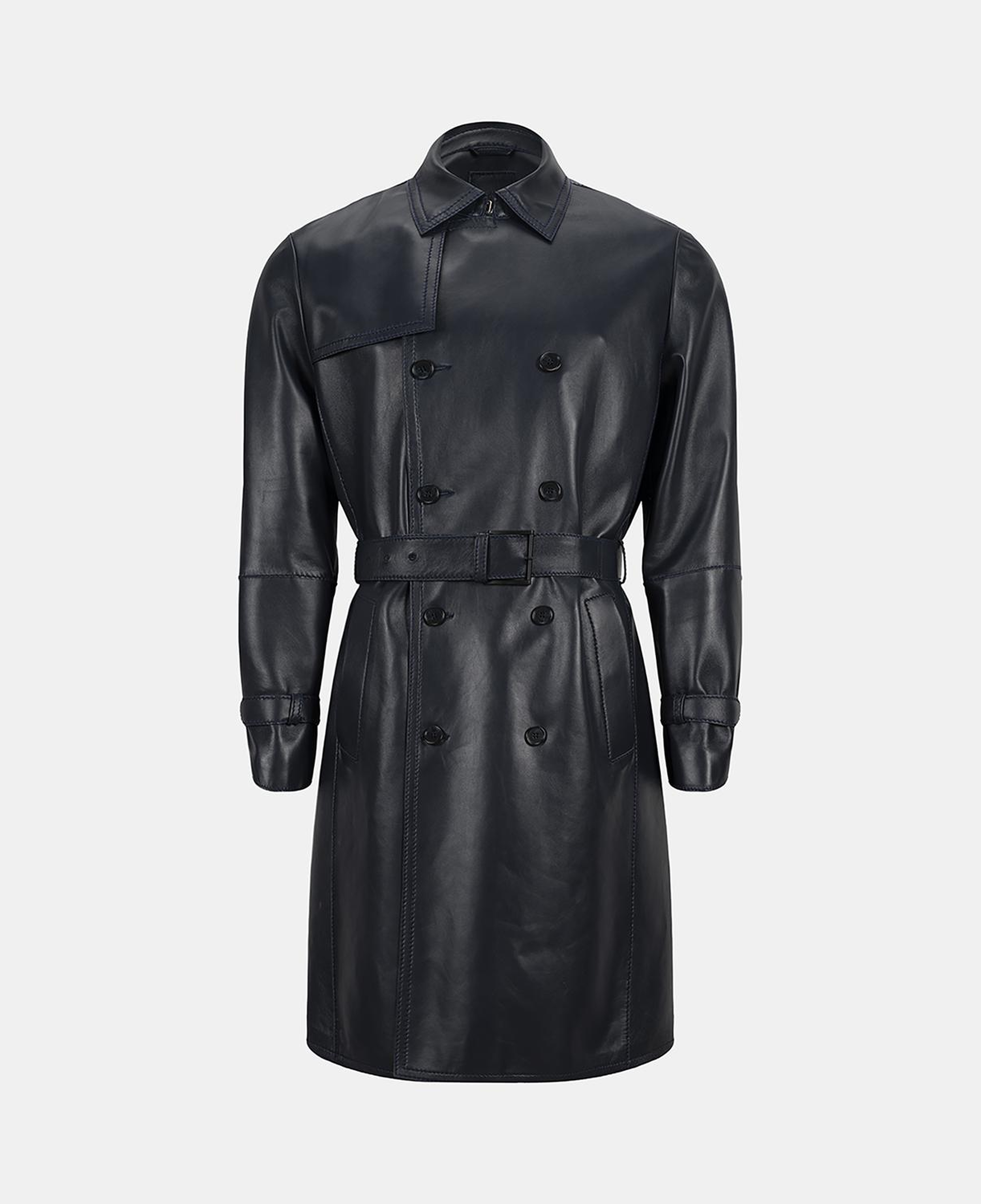 Erkek Lacivert Kruvaze Kapamalı Deri Trençkot