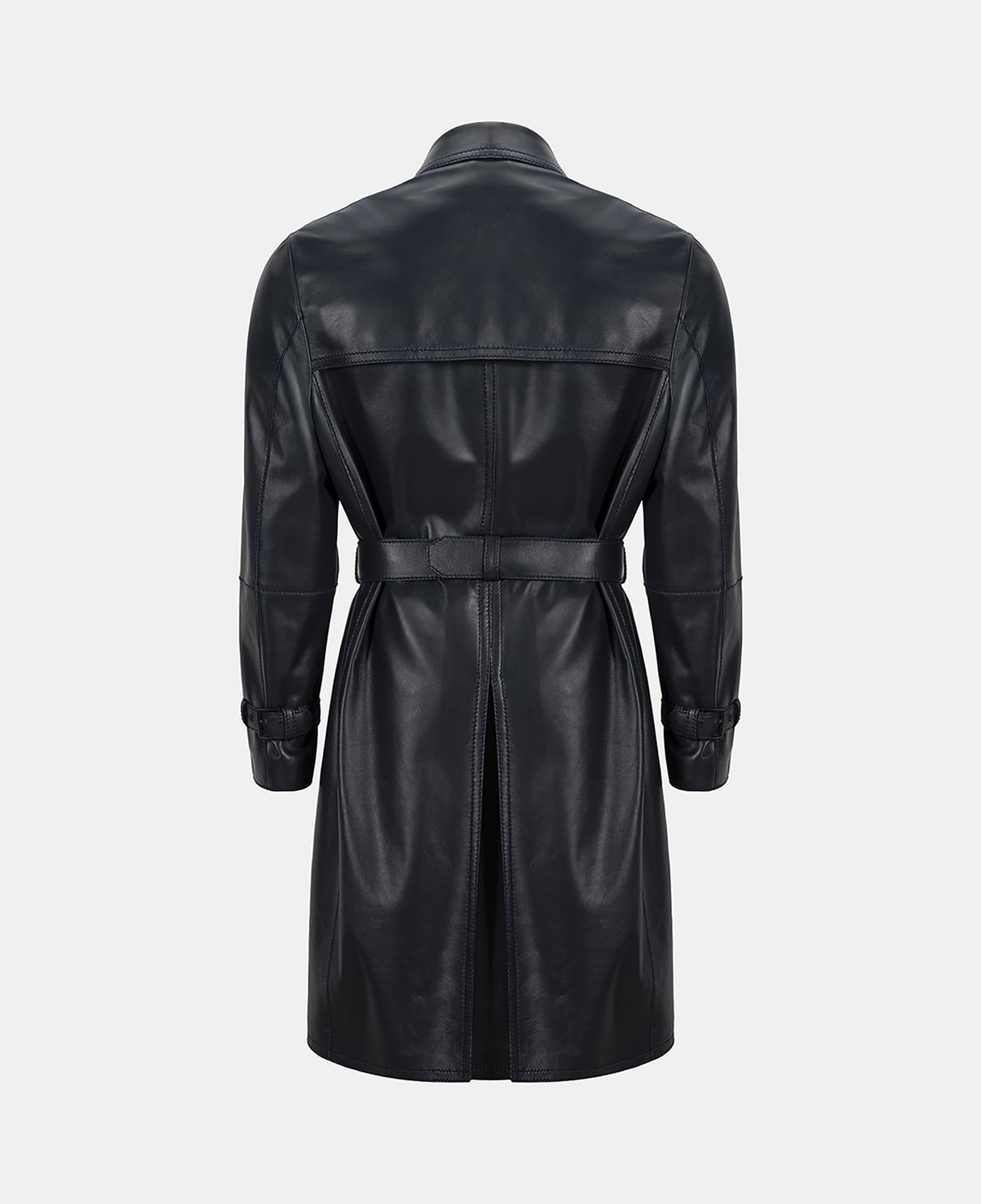 Erkek Lacivert Kruvaze Kapamalı Deri Trençkot