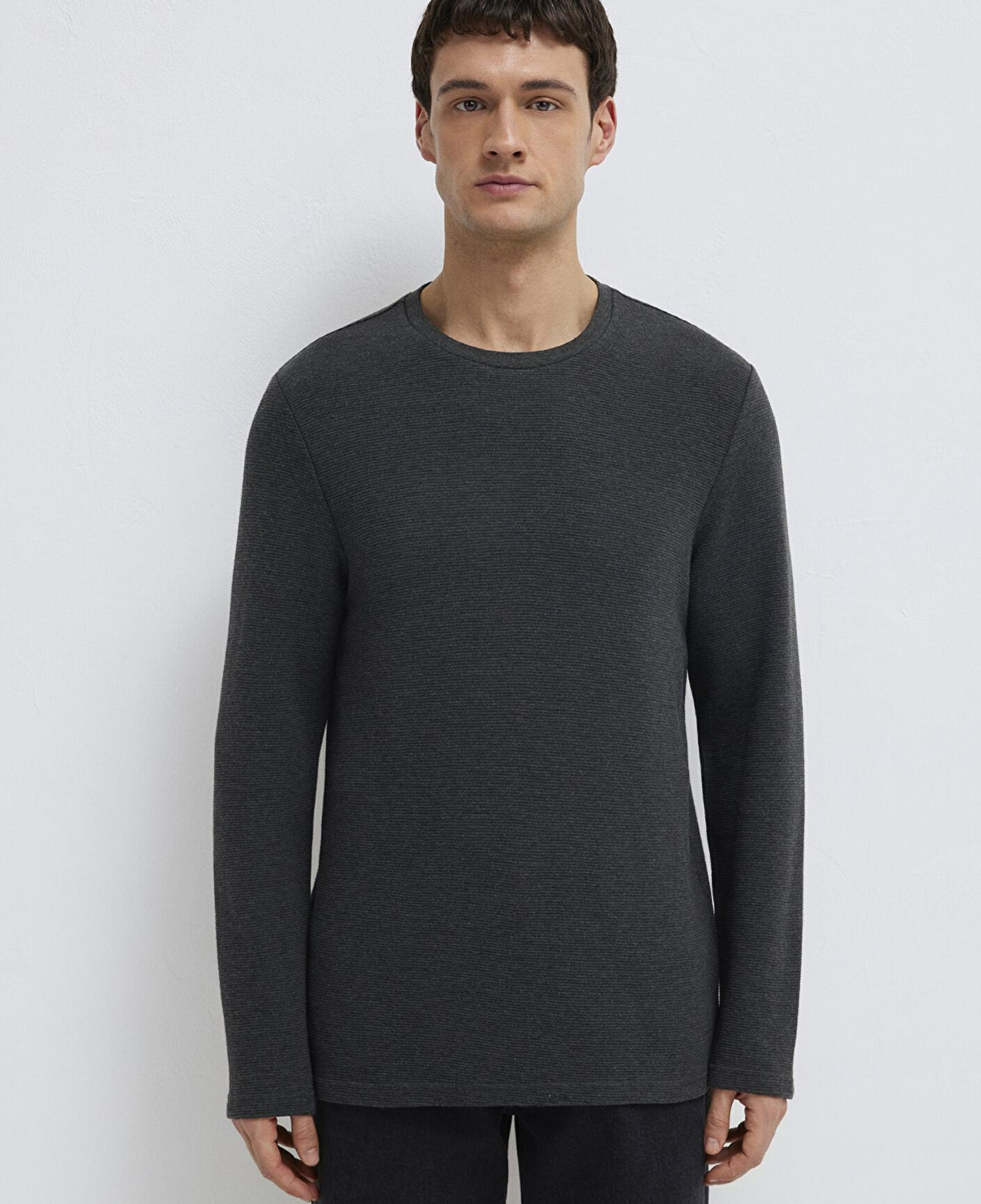 Mavi Uzun Kollu Dokulu Antrasit Tişört Slim Fit / Dar Kesim 064622-26834