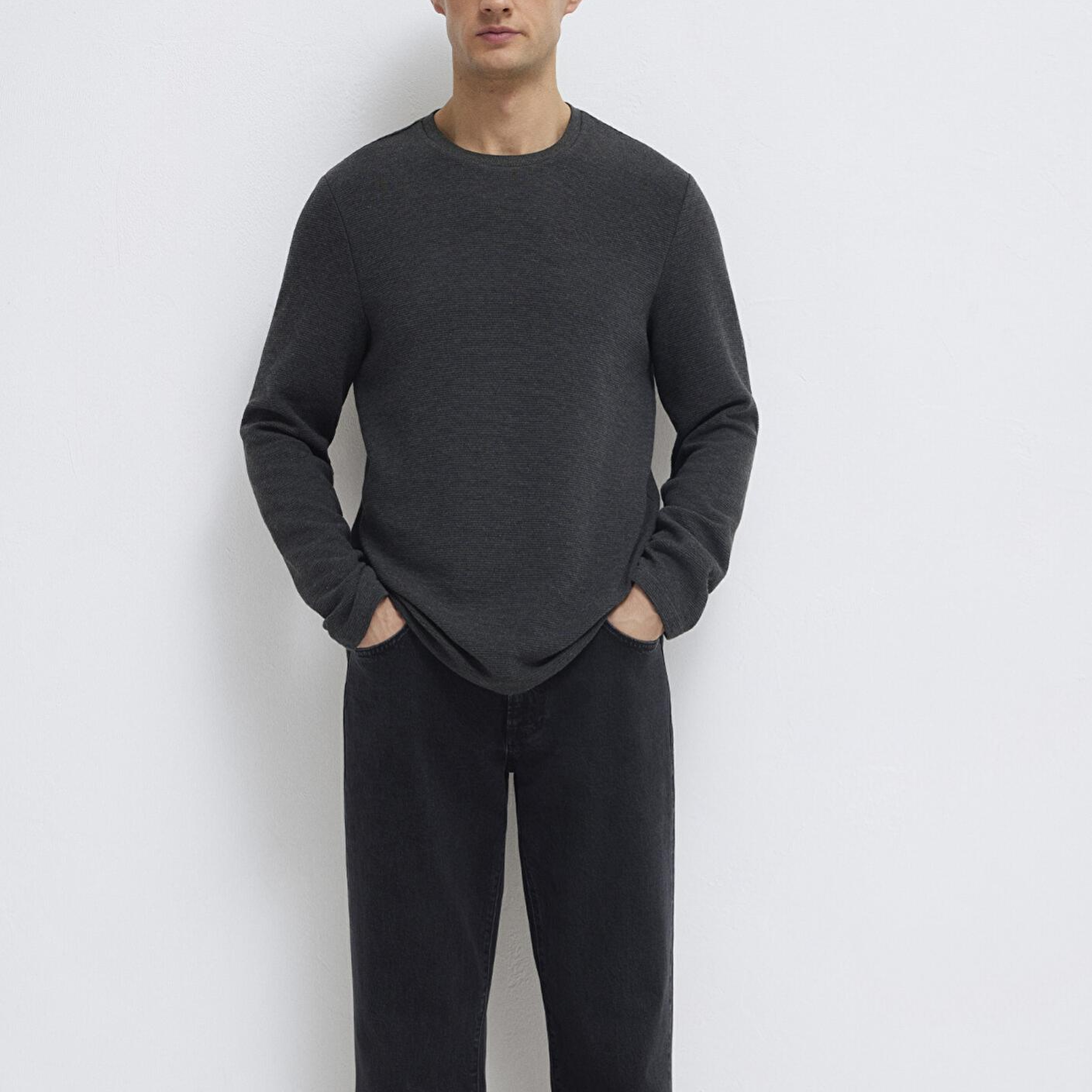 Mavi Uzun Kollu Dokulu Antrasit Tişört Slim Fit / Dar Kesim 064622-26834