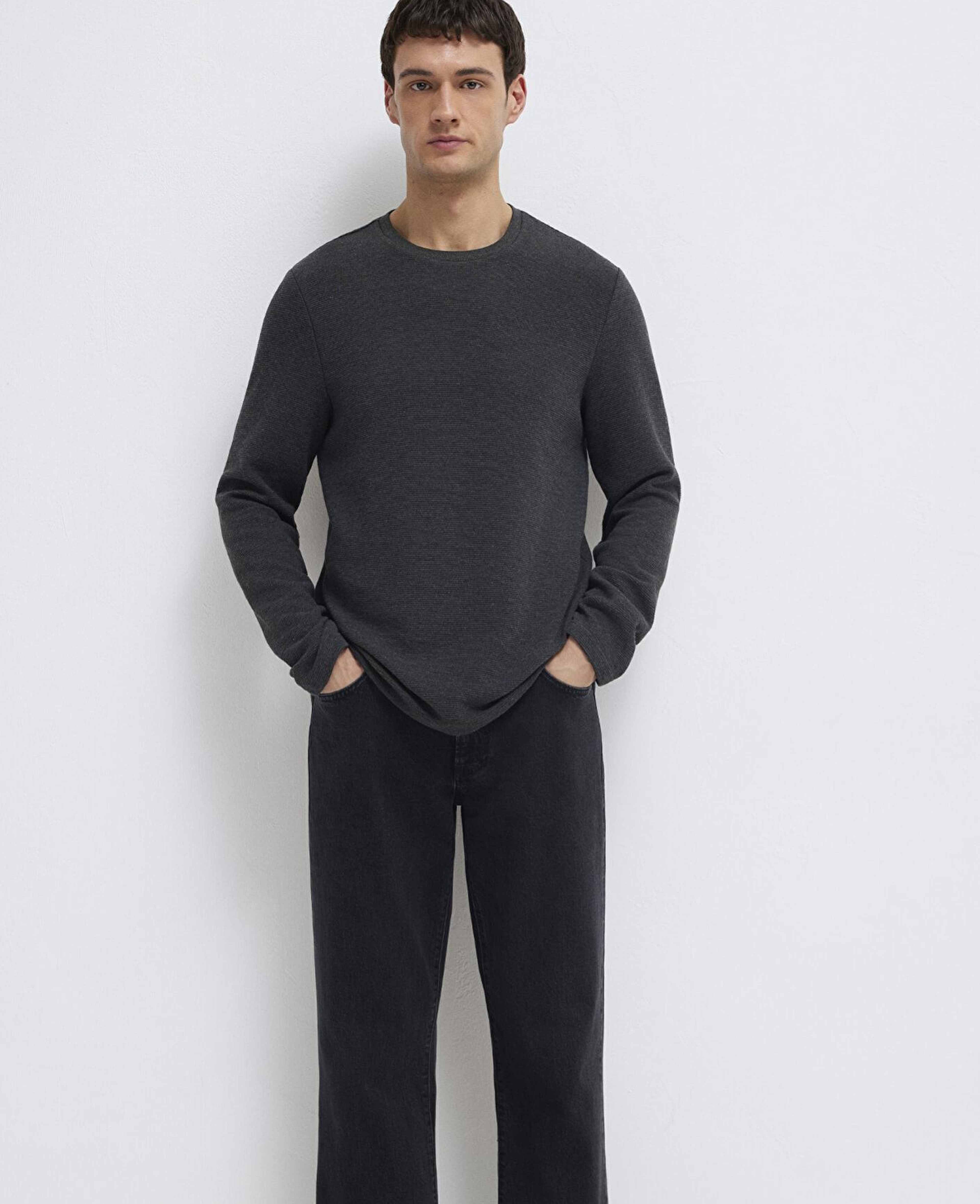 Mavi Uzun Kollu Dokulu Antrasit Tişört Slim Fit / Dar Kesim 064622-26834