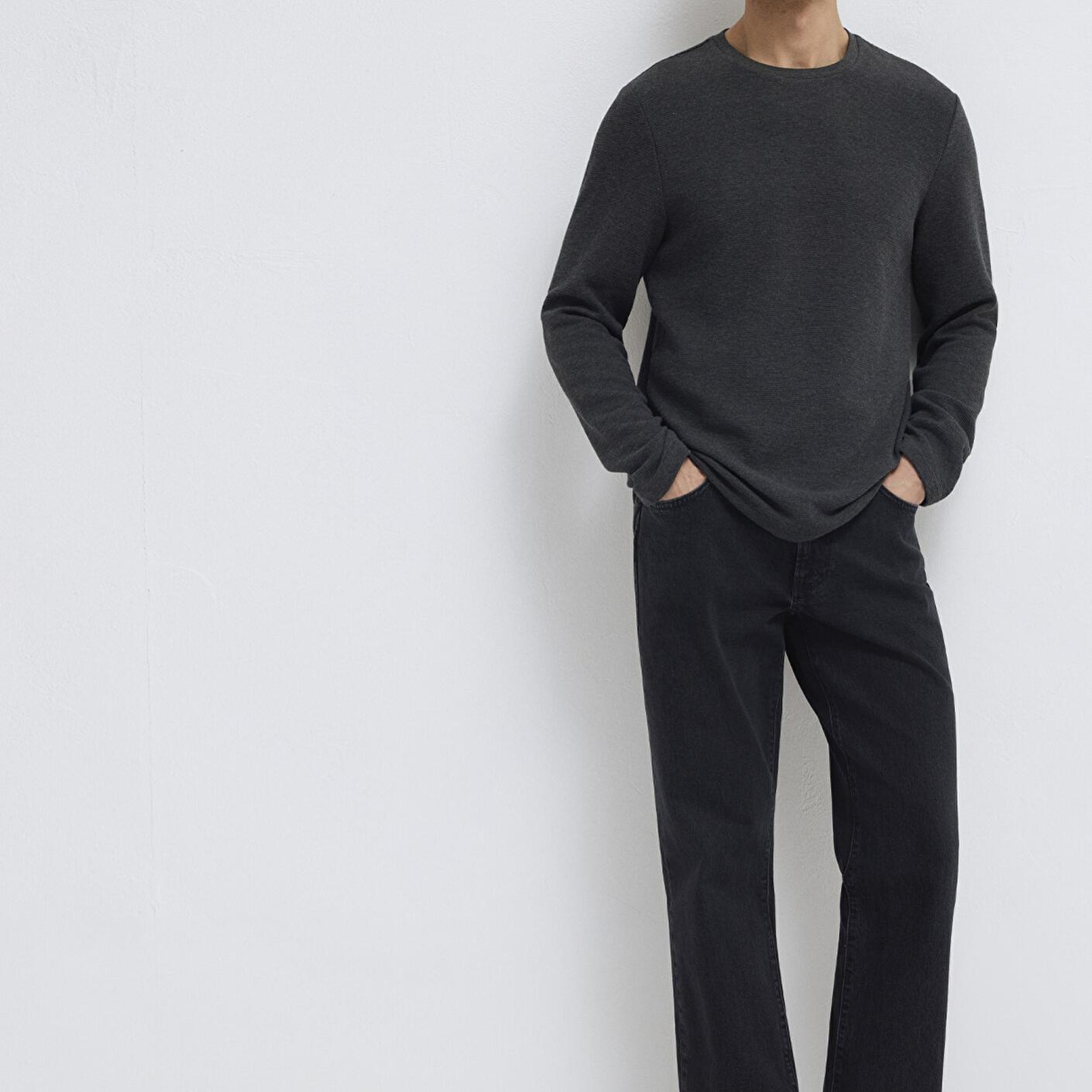 Mavi Uzun Kollu Dokulu Antrasit Tişört Slim Fit / Dar Kesim 064622-26834