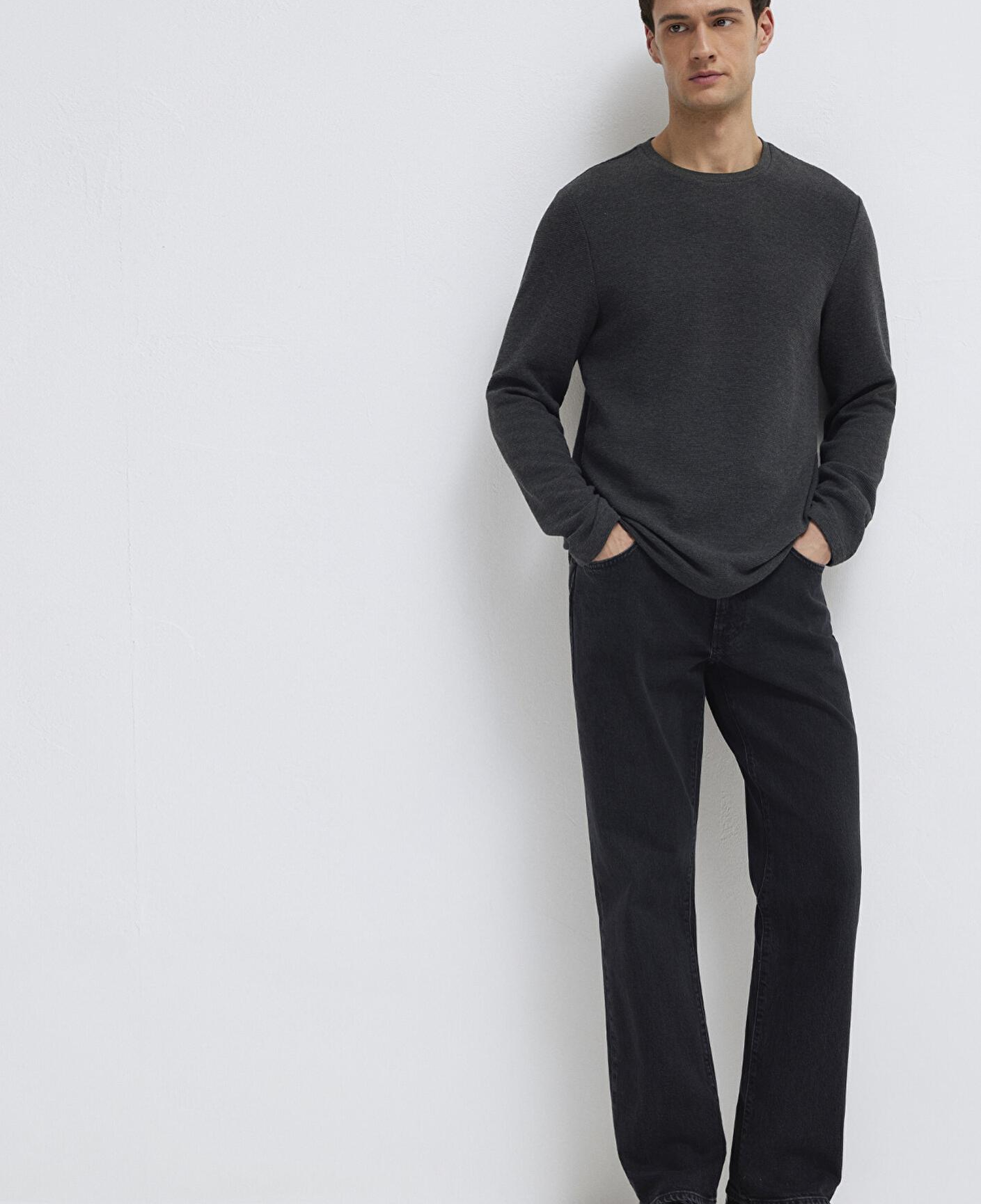 Mavi Uzun Kollu Dokulu Antrasit Tişört Slim Fit / Dar Kesim 064622-26834