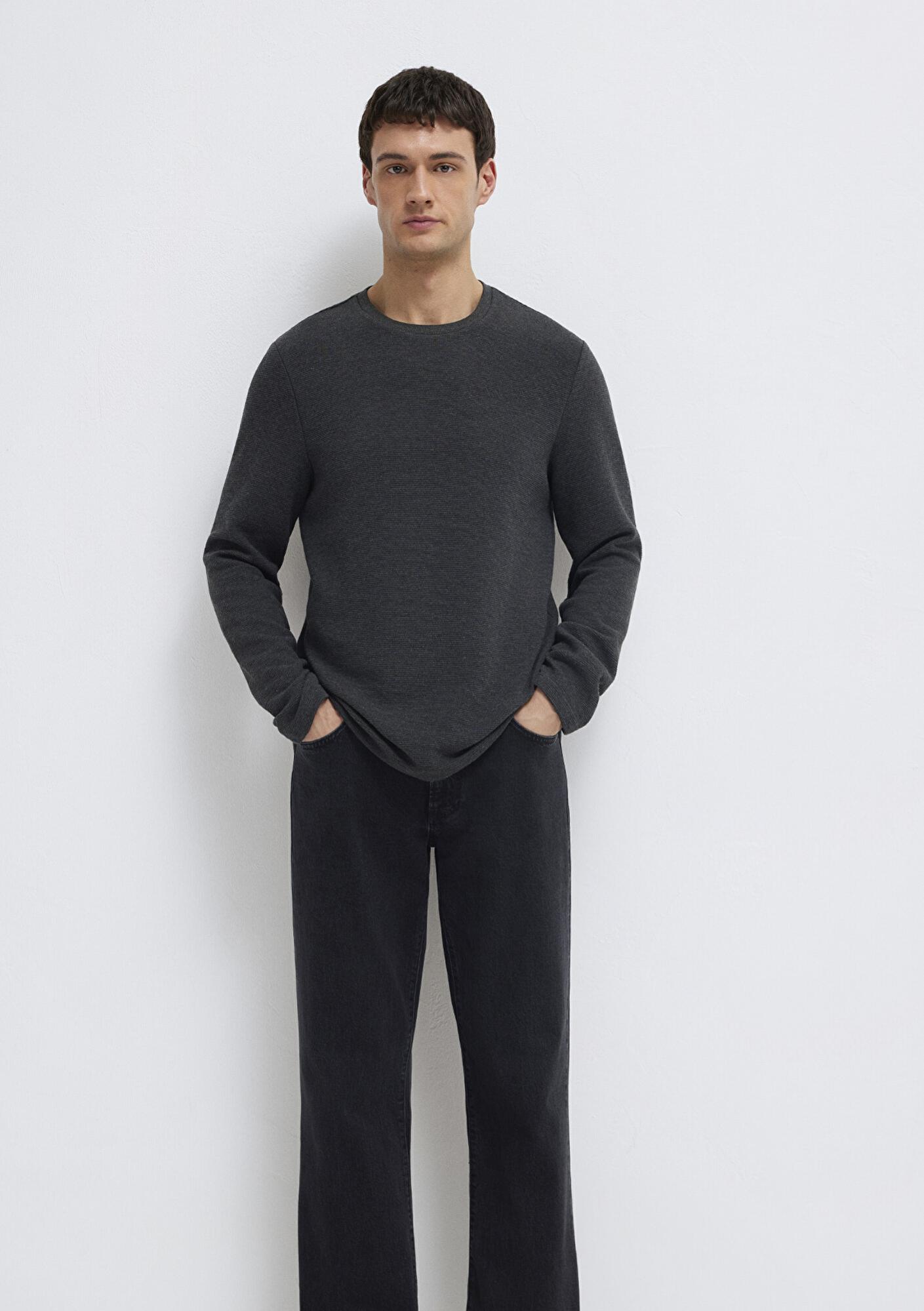 Mavi Uzun Kollu Dokulu Antrasit Tişört Slim Fit / Dar Kesim 064622-26834