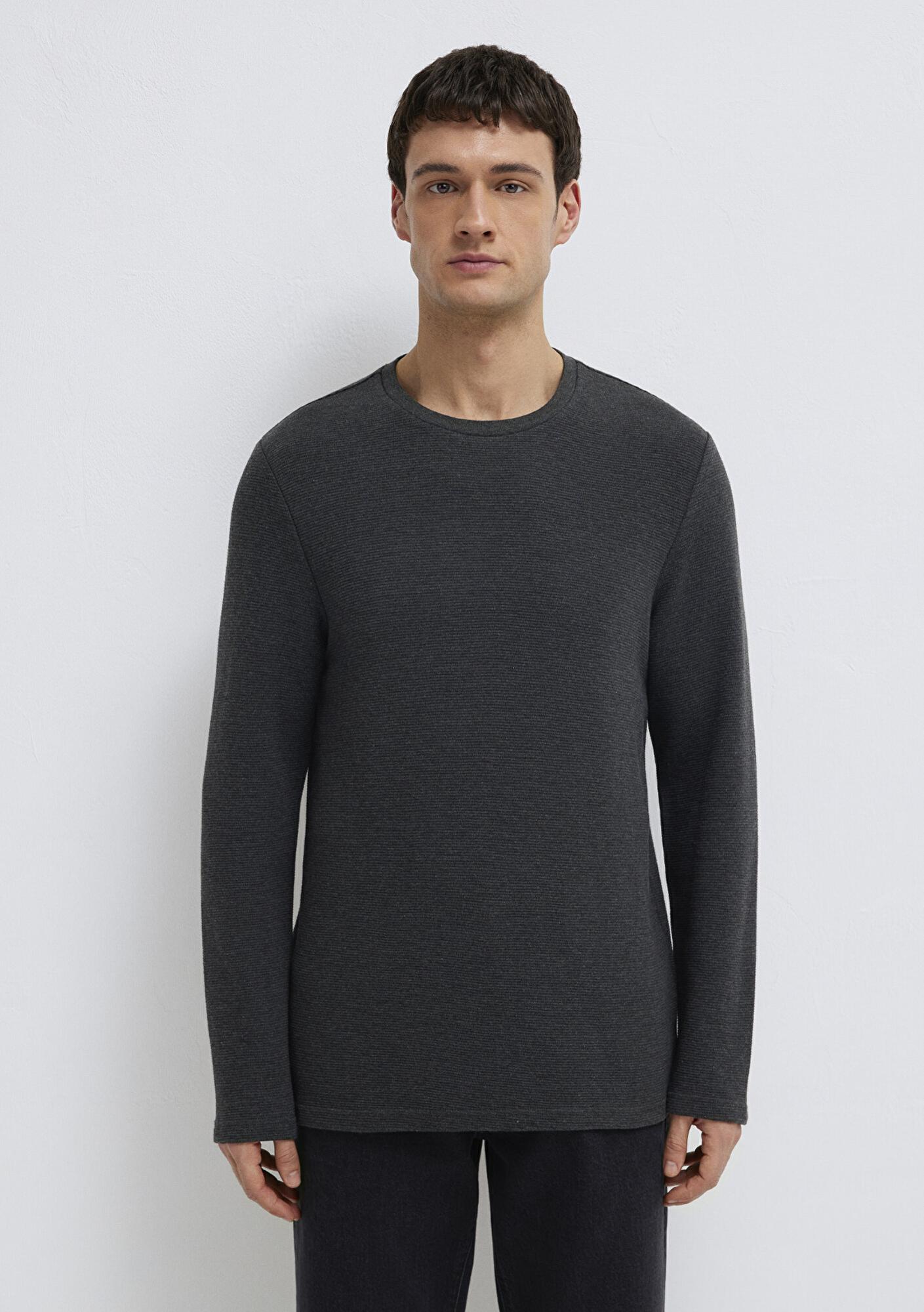 Mavi Uzun Kollu Dokulu Antrasit Tişört Slim Fit / Dar Kesim 064622-26834