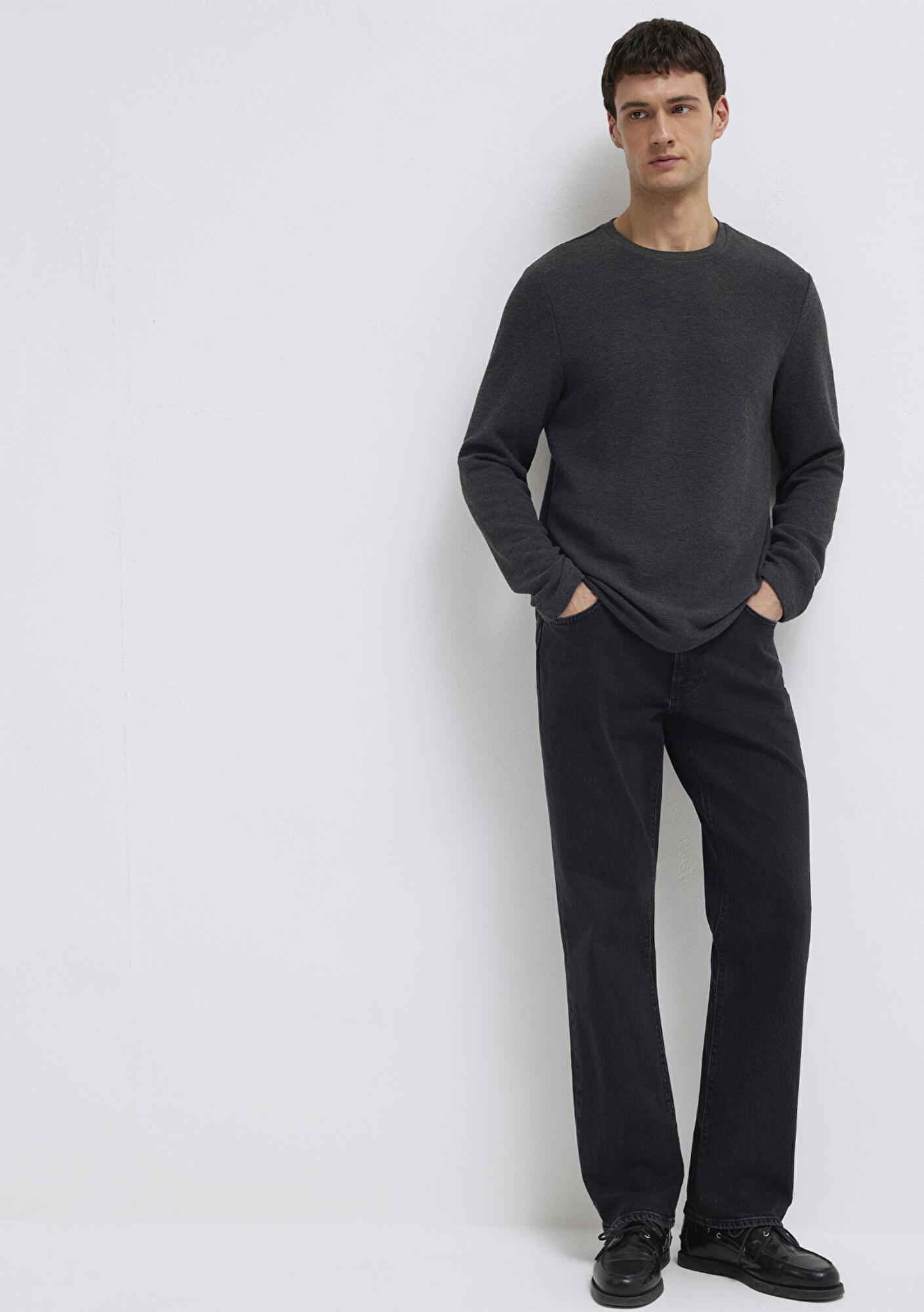 Mavi Uzun Kollu Dokulu Antrasit Tişört Slim Fit / Dar Kesim 064622-26834