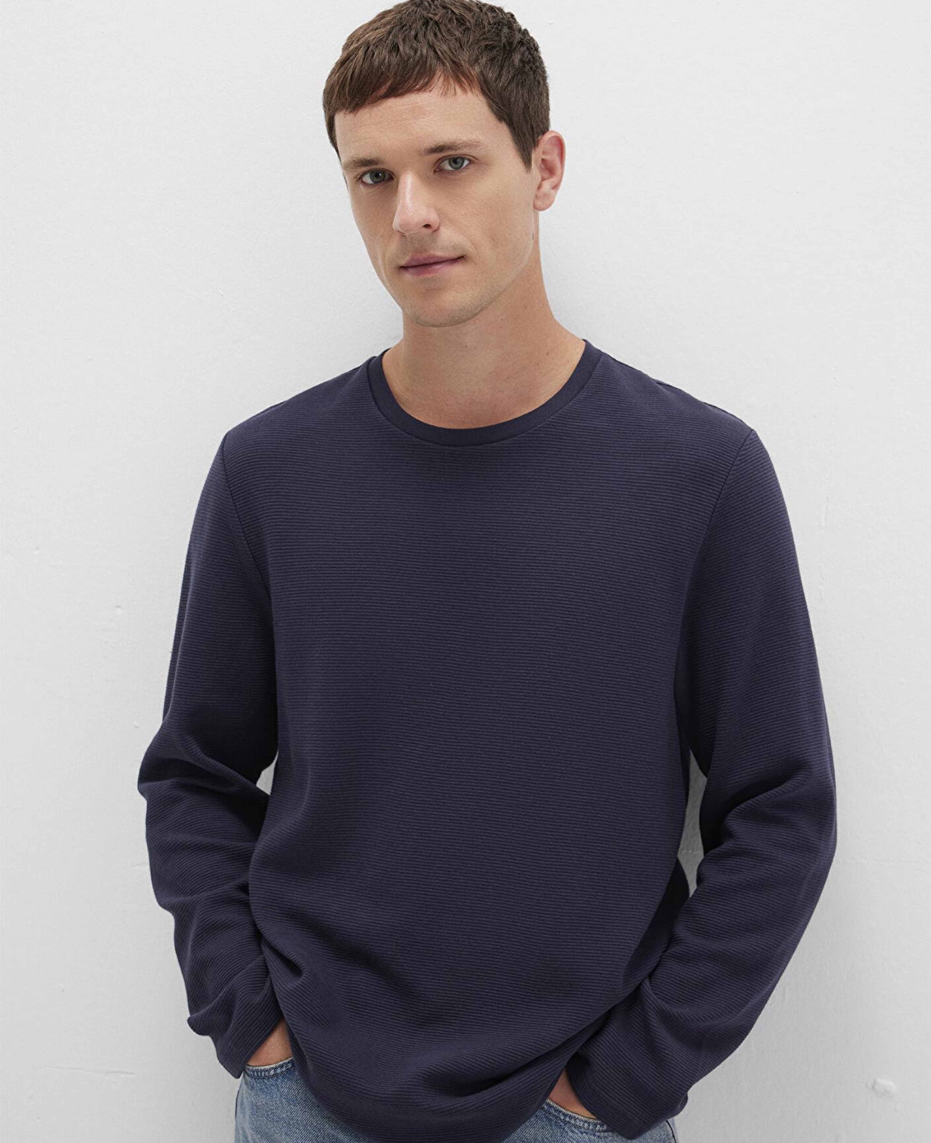 Mavi Uzun Kollu Dokulu Lacivert Tişört Slim Fit / Dar Kesim 064622-26828