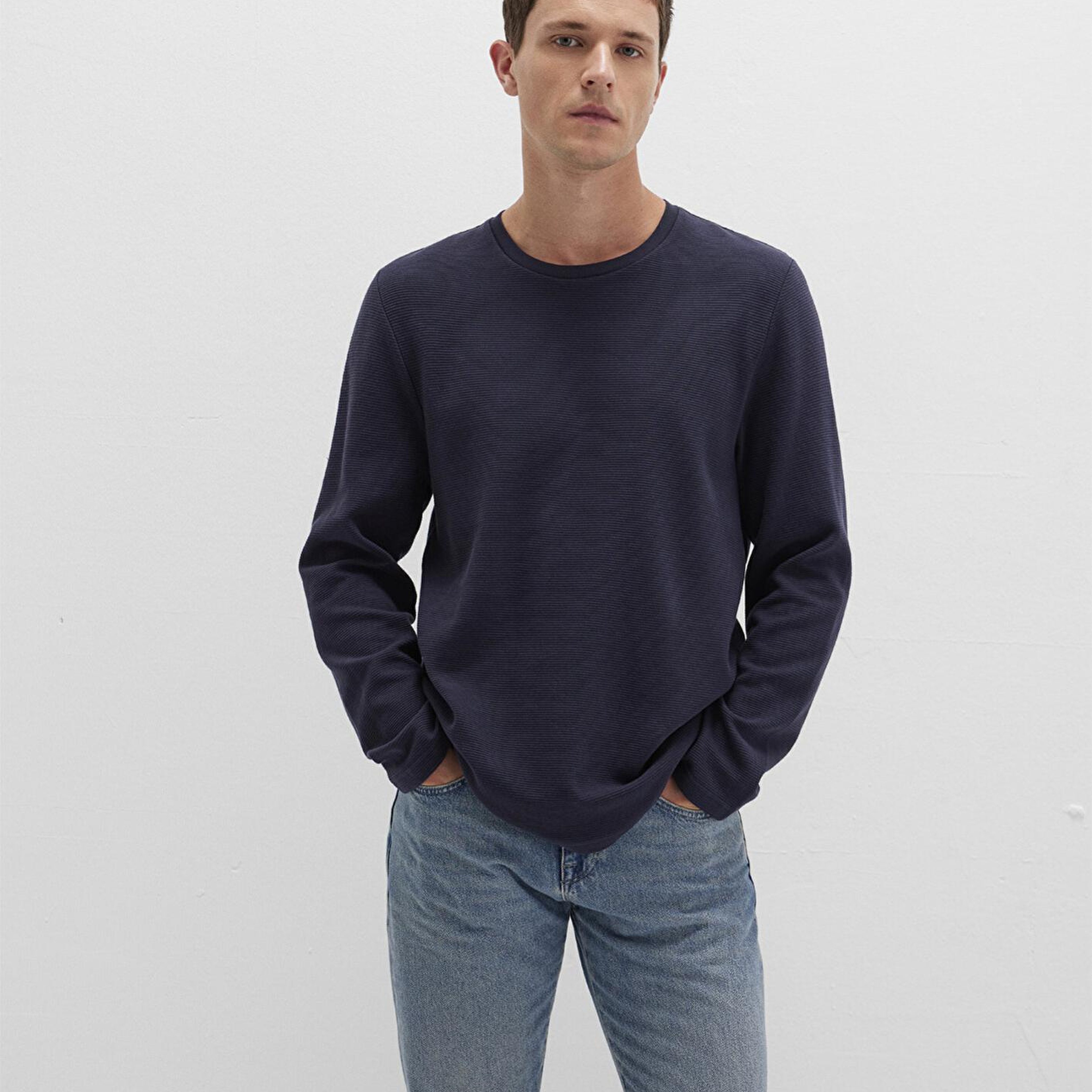 Mavi Uzun Kollu Dokulu Lacivert Tişört Slim Fit / Dar Kesim 064622-26828