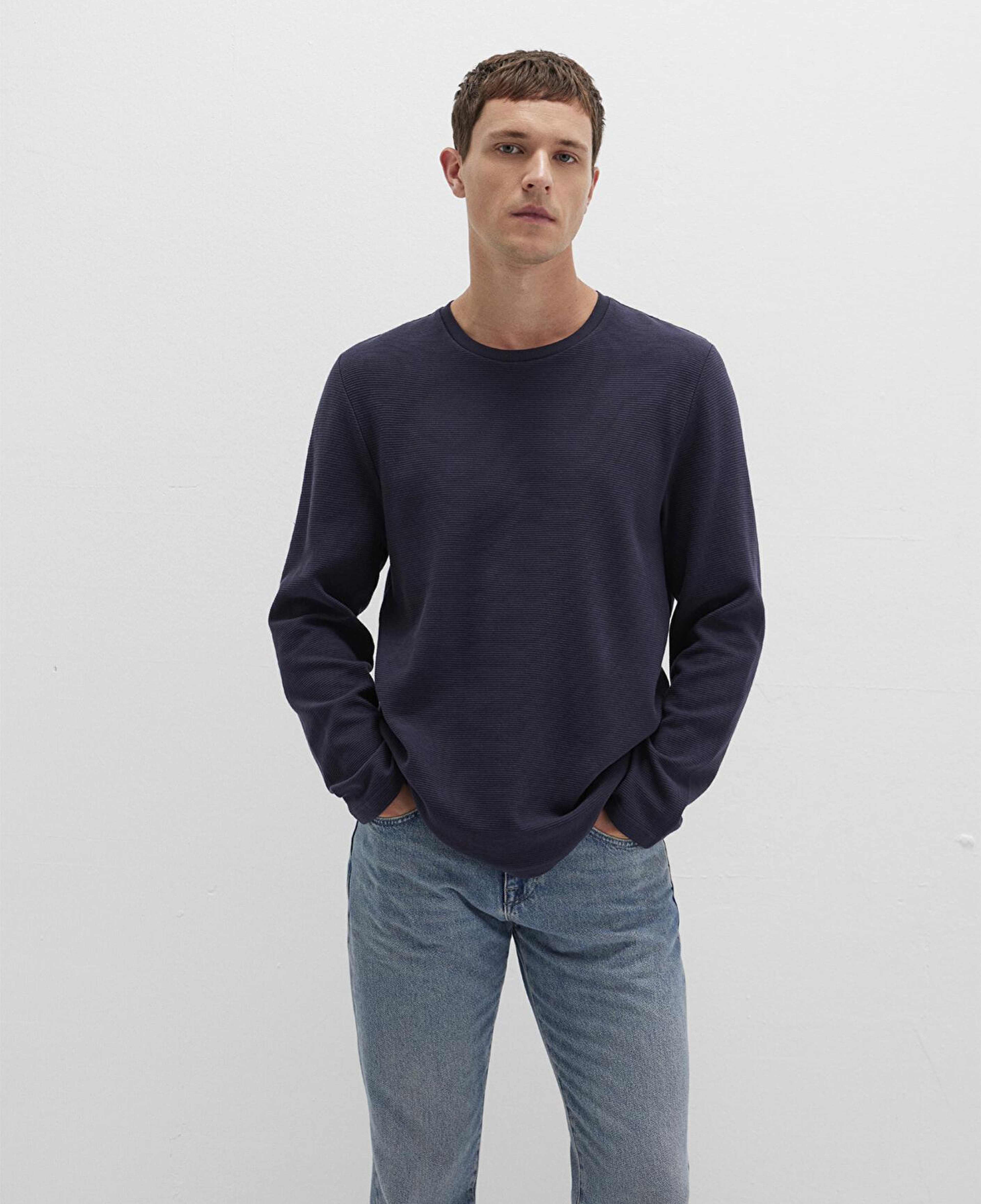 Mavi Uzun Kollu Dokulu Lacivert Tişört Slim Fit / Dar Kesim 064622-26828