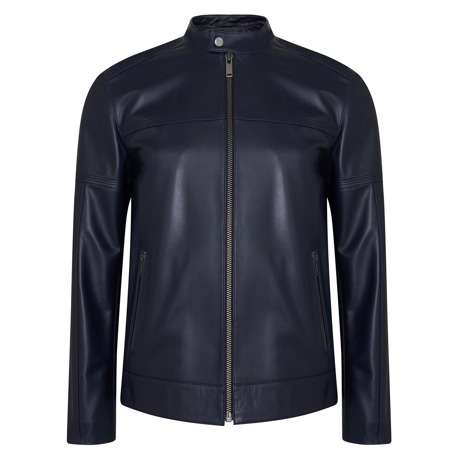 Selino Lacivert Erkek Kapüşonlü Deri Mont