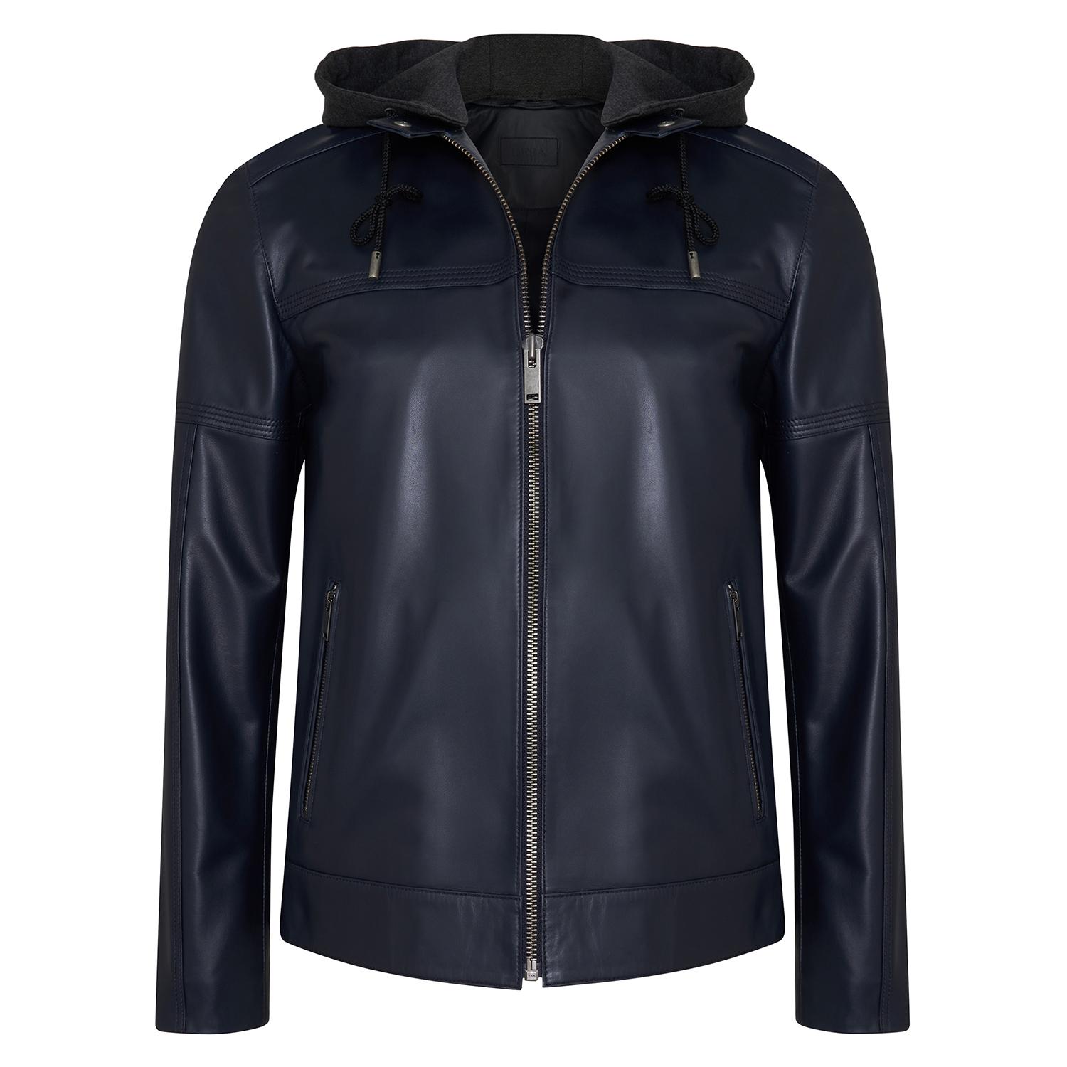 Selino Lacivert Erkek Kapüşonlü Deri Mont