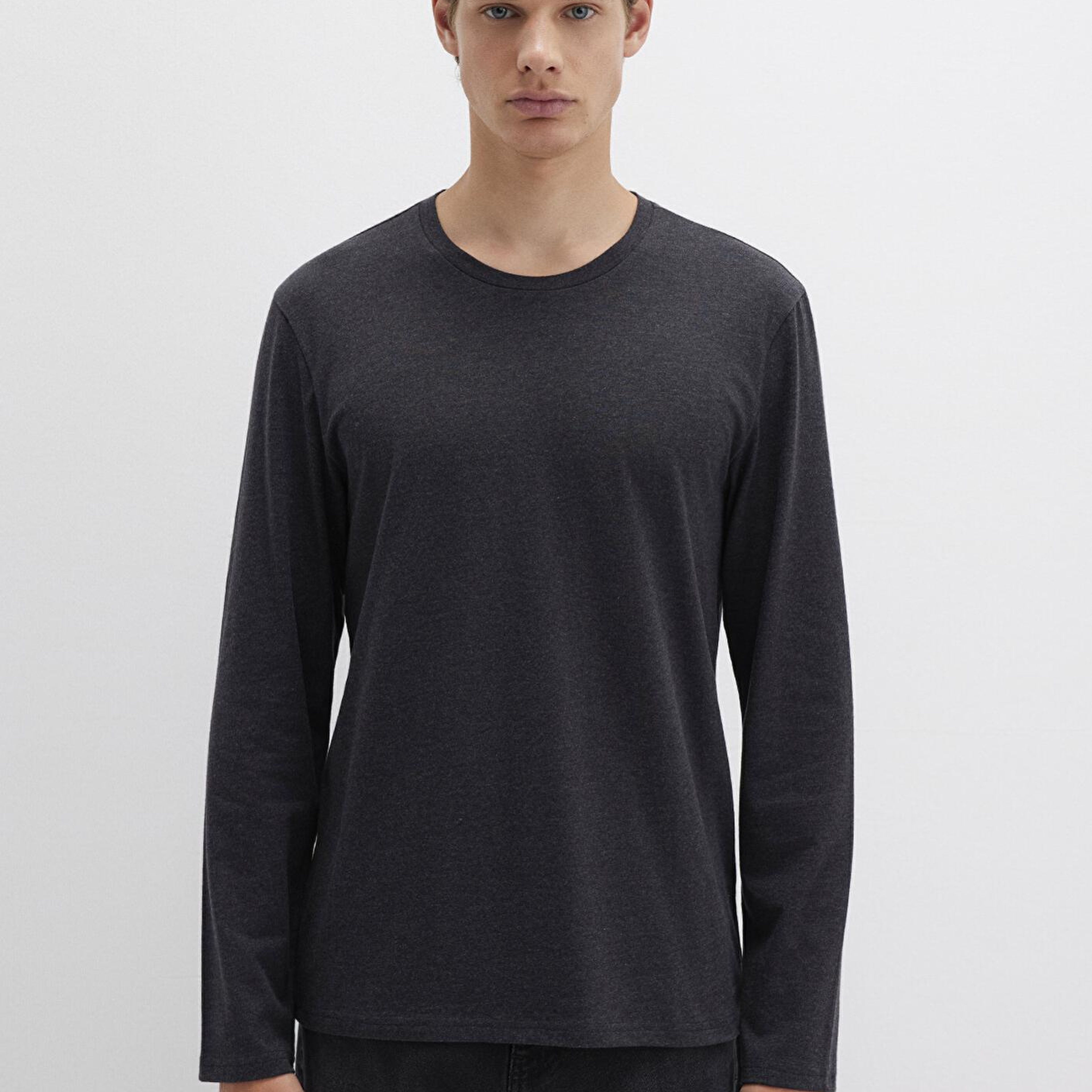 Mavi Uzun Kollu Antrasit Basic Tişört Fitted / Vücuda Oturan Kesim 062477-27310