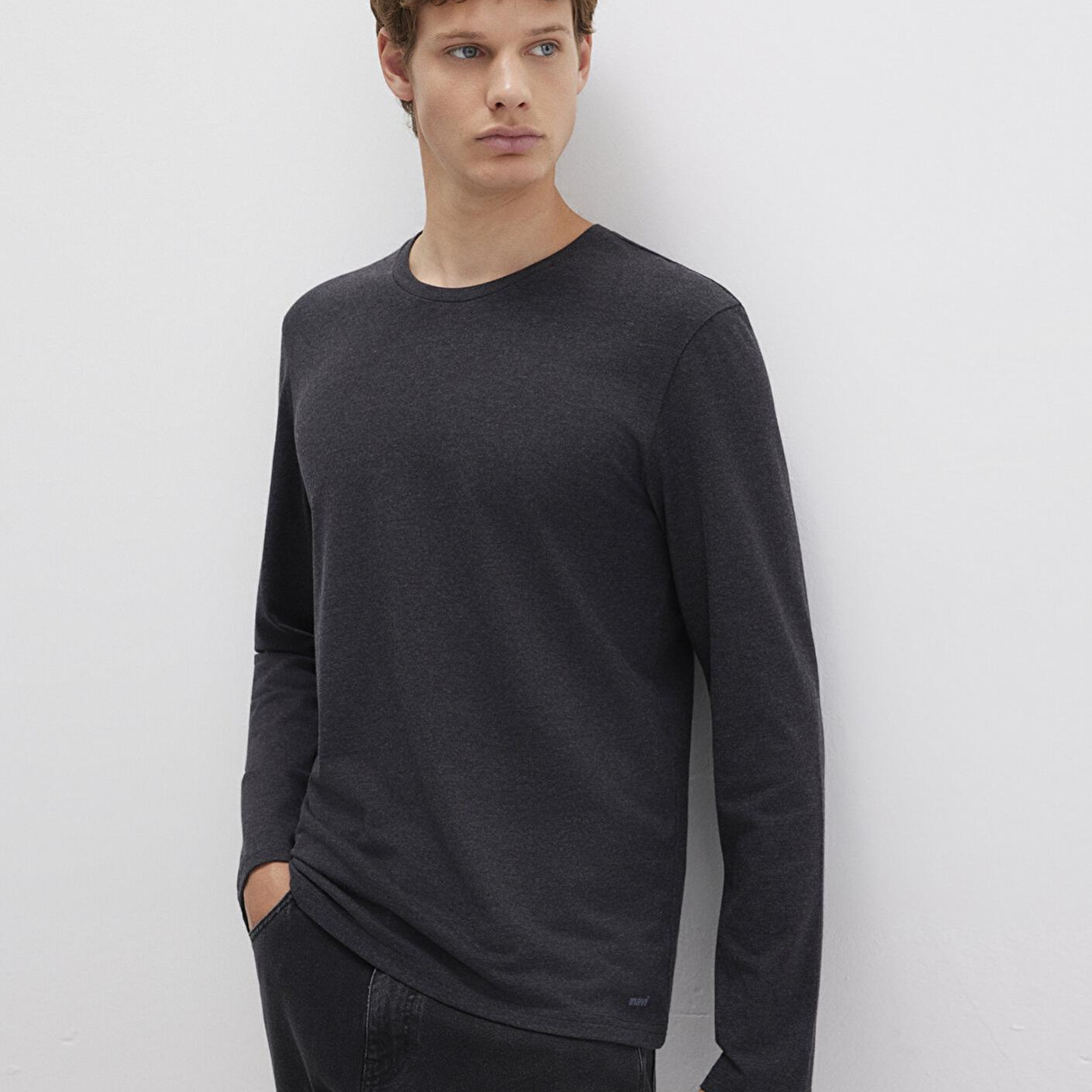 Mavi Uzun Kollu Antrasit Basic Tişört Fitted / Vücuda Oturan Kesim 062477-27310