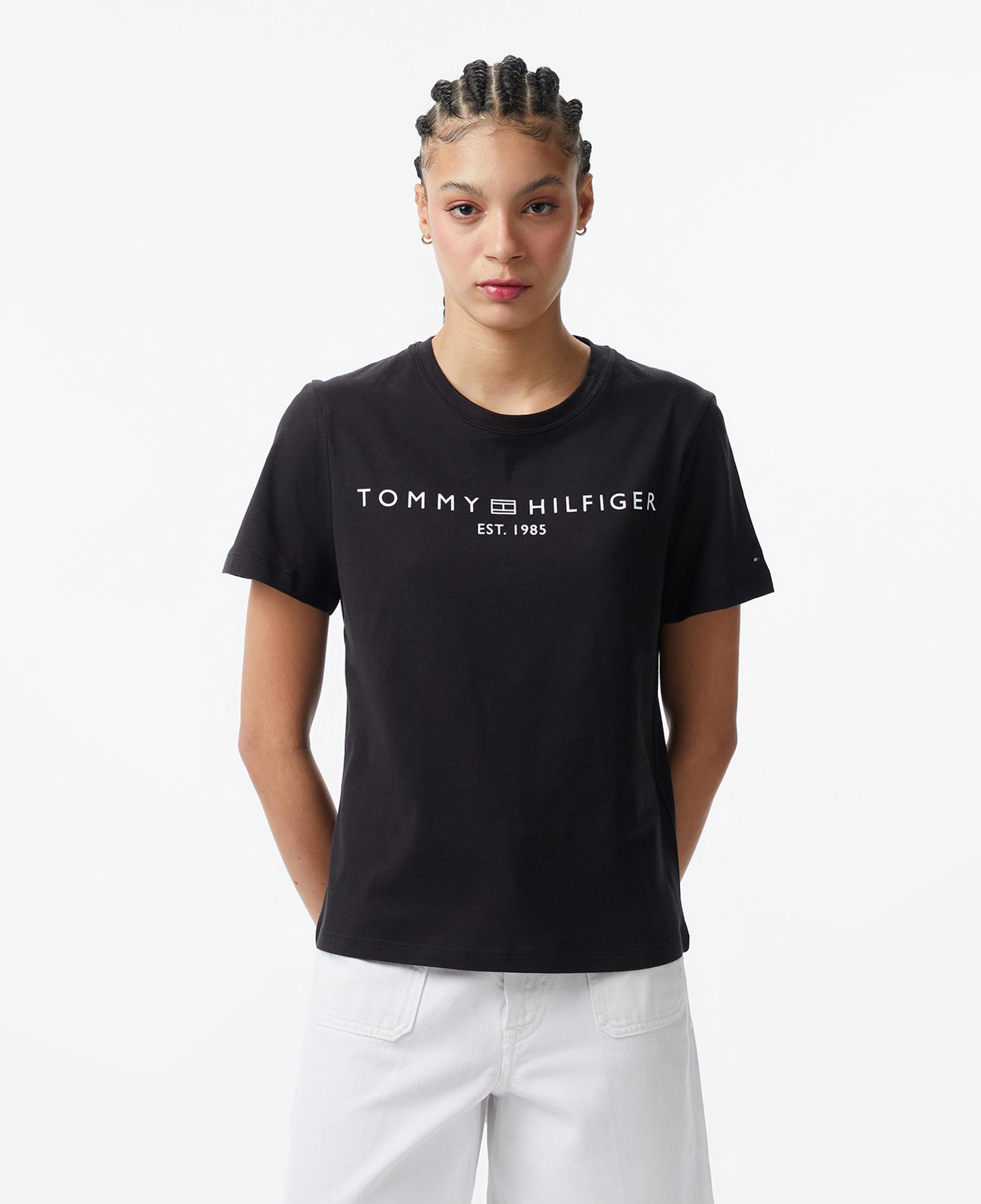 Tommy Hilfiger Corp Logo Kadın Siyah Crop T-Shirt